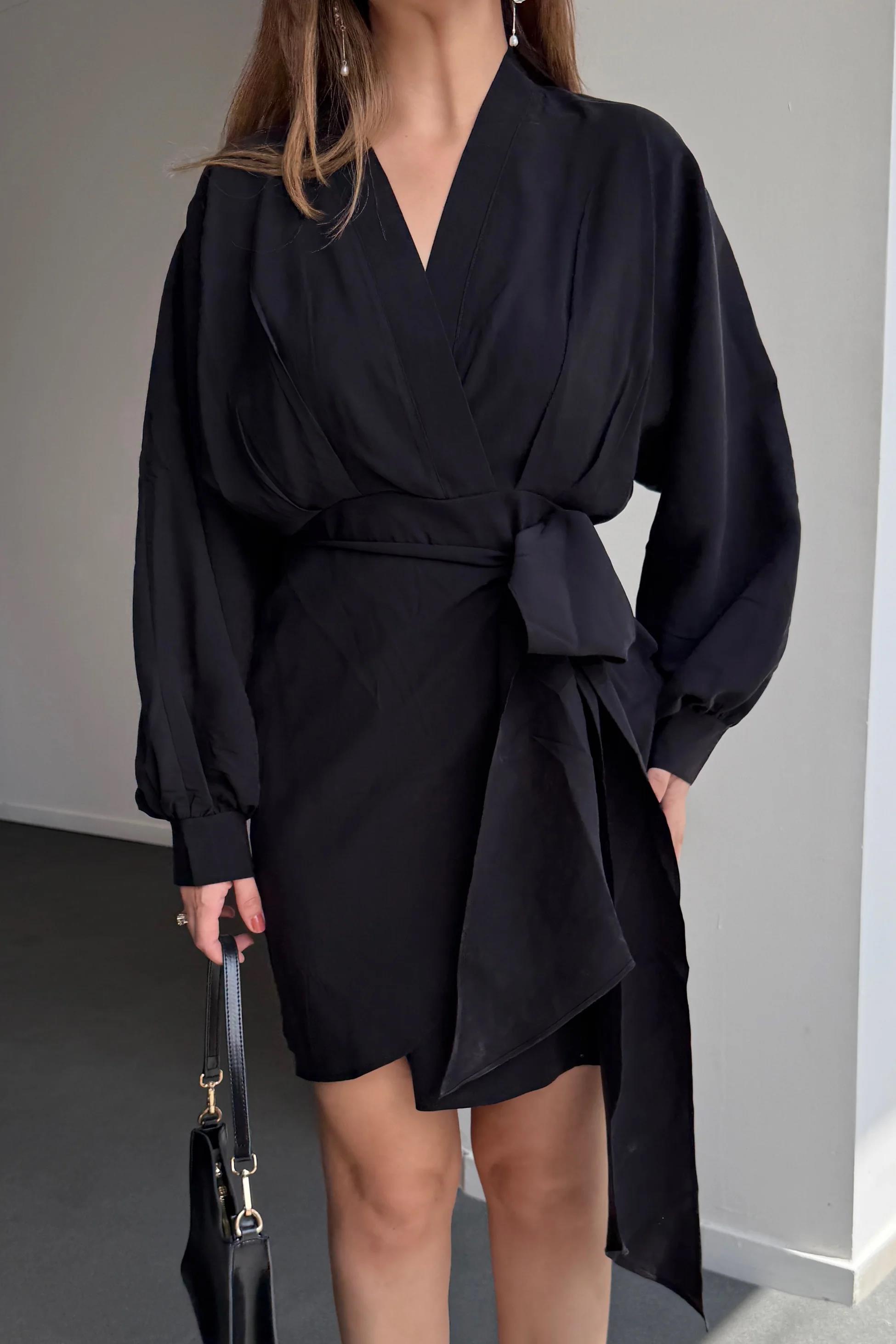 Nicky Siyah Modal Kruvaze Bağlamalı Elbise