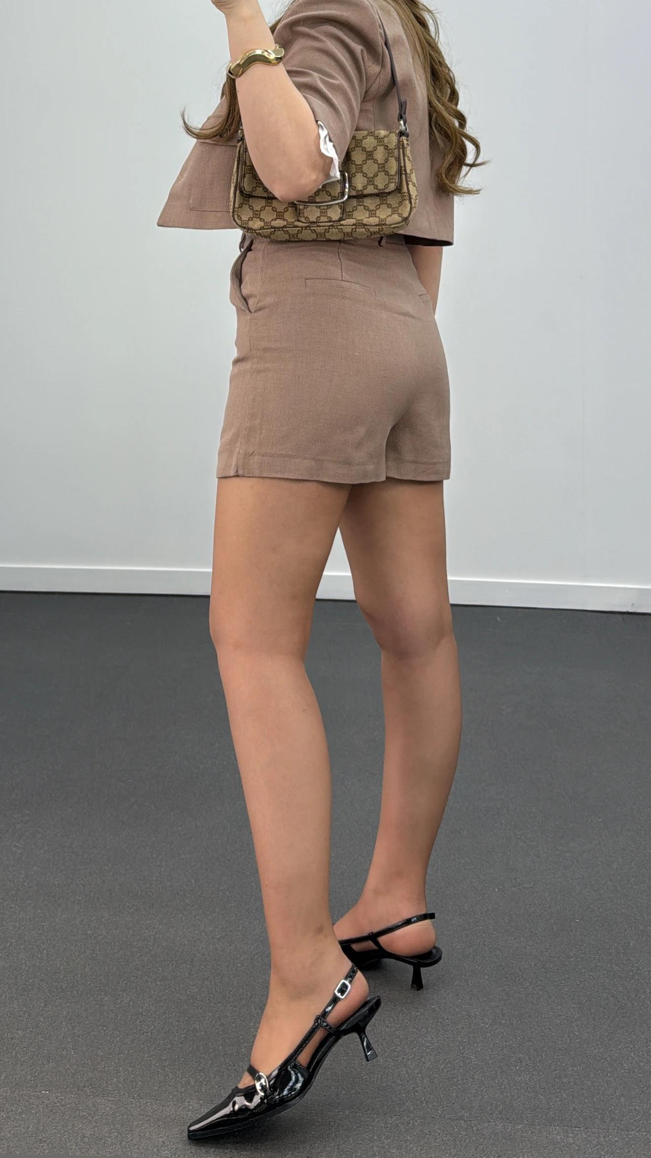 Nika Kahve Keten Crop Ceket Ve Şort Etek Takımı