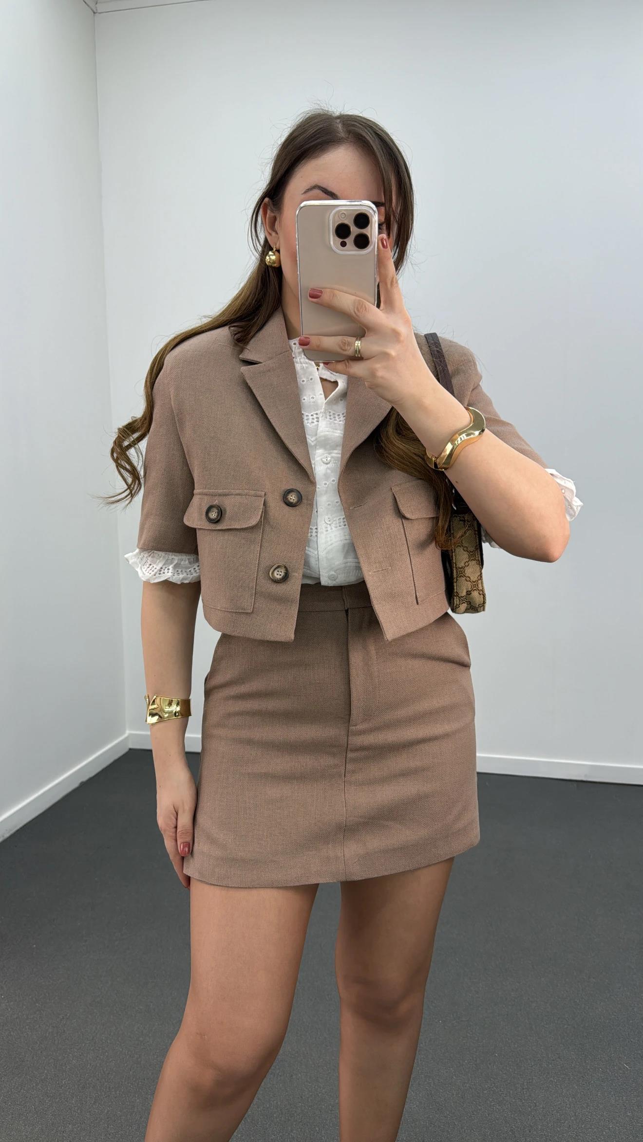 Nika Kahve Keten Crop Ceket Ve Şort Etek Takımı