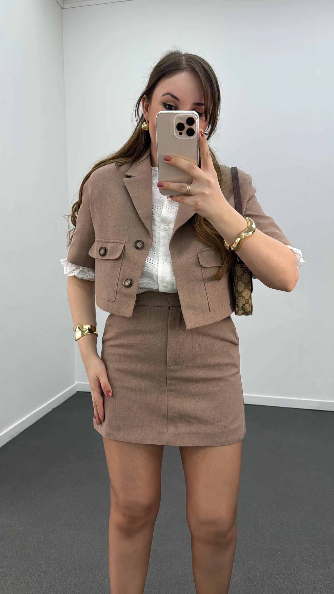 Nika Kahve Keten Crop Ceket Ve Şort Etek Takımı