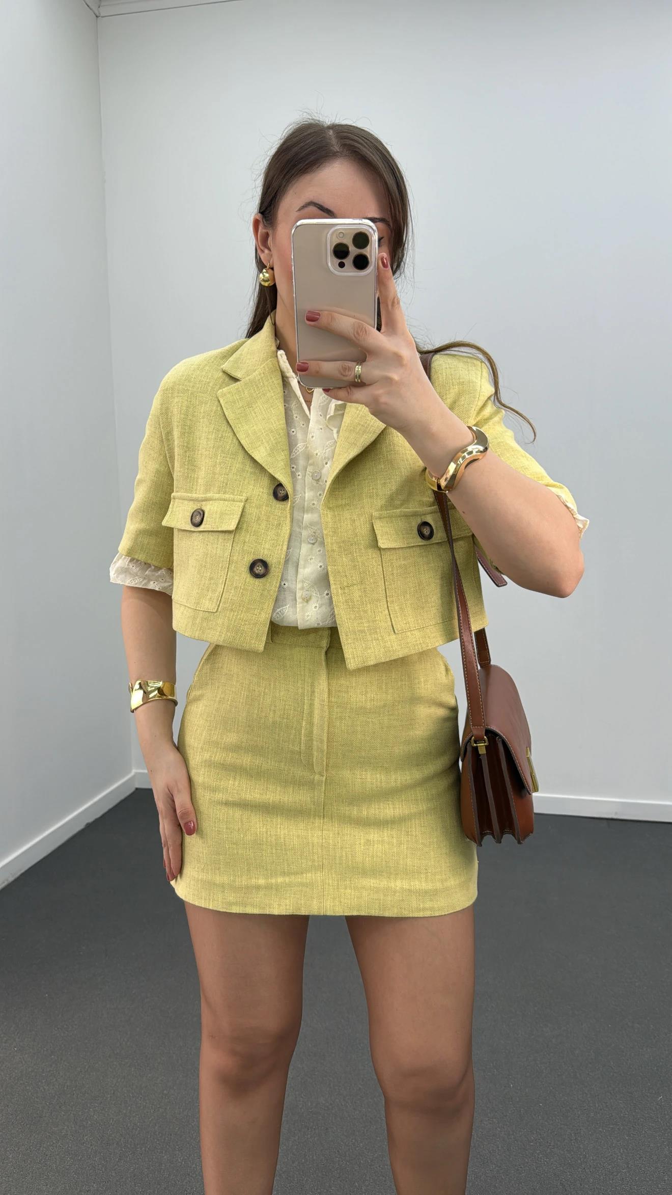 Nika Lime Keten Crop Ceket