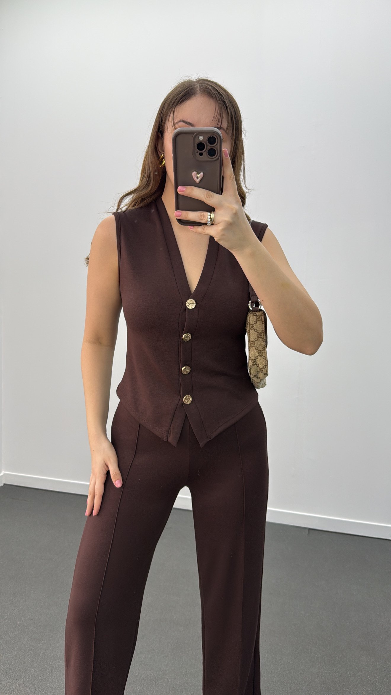 Nireya Kahve Renk Modal Gold Düğmeli Yelek Ve Pantolon Takım