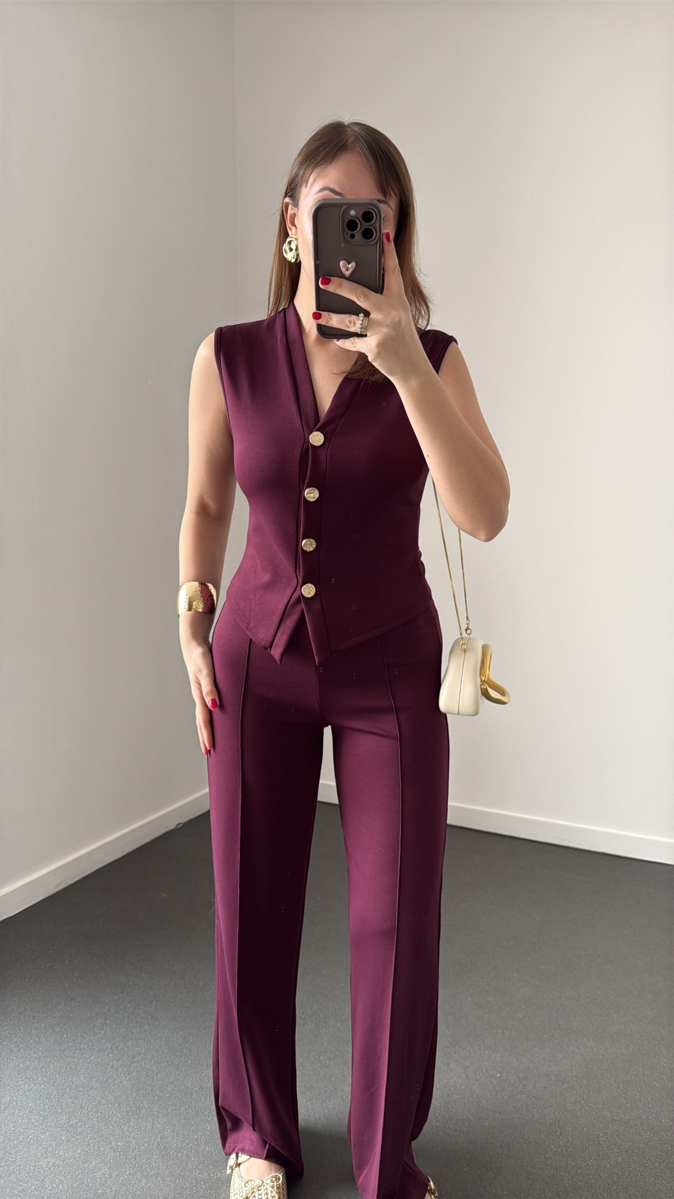 Nireya Mürdüm Renk Modal Gold Düğmeli Yelek Ve Pantolon Takım