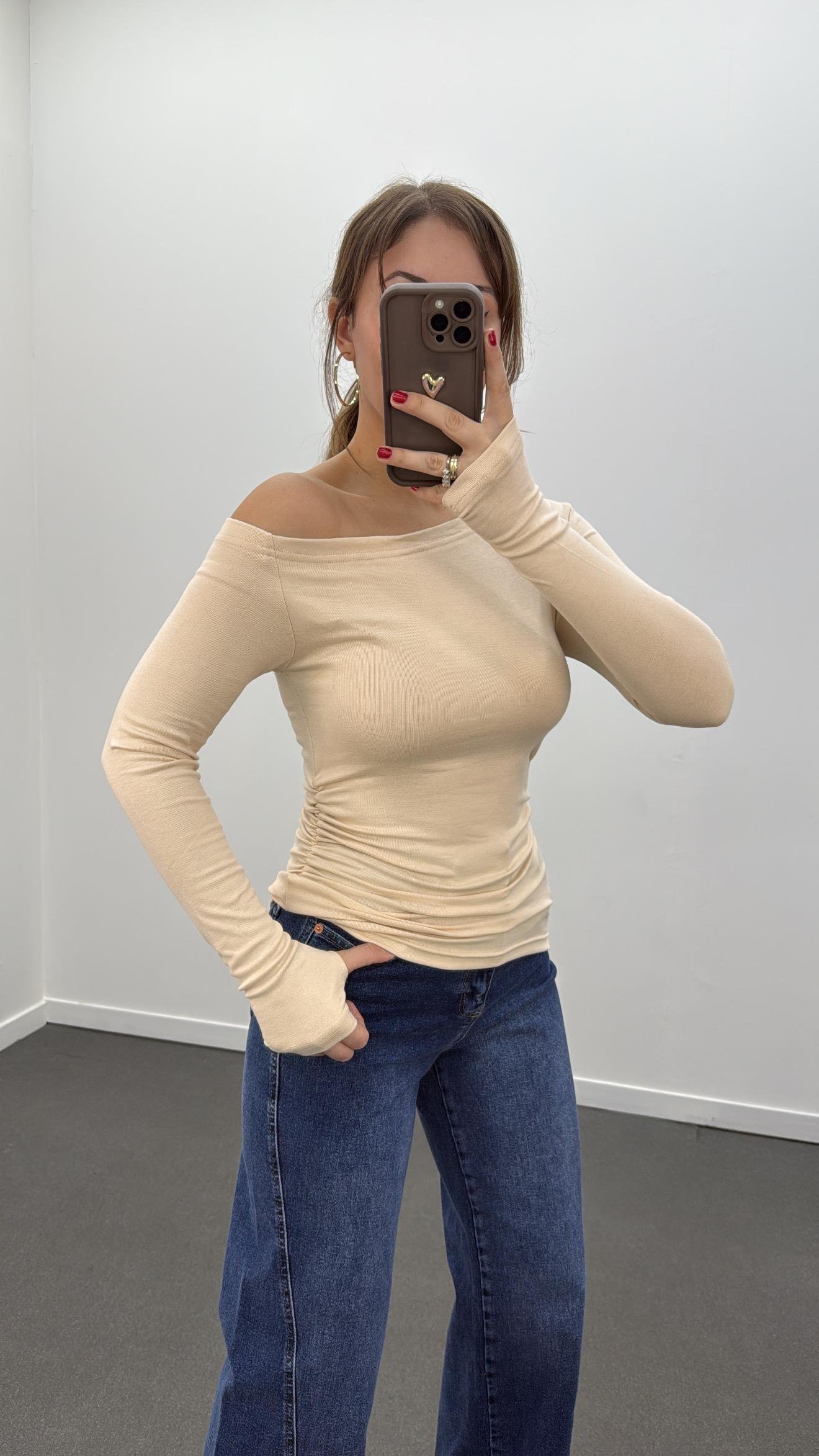 Noa Açık Bej Düşük Omuz Drapeli Soft Touch Body