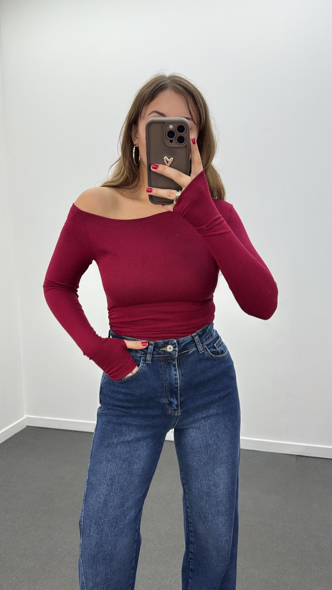 Noa Bordo Düşük Omuz Drapeli Soft Touch Parmak Geçirmeli Body