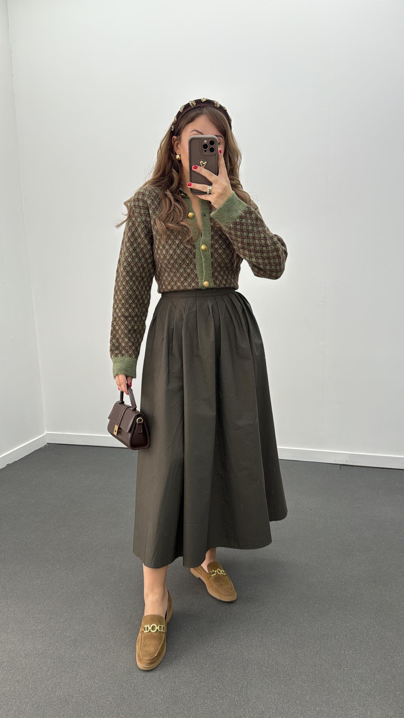 Noemi Haki Pileli Midi Etek 