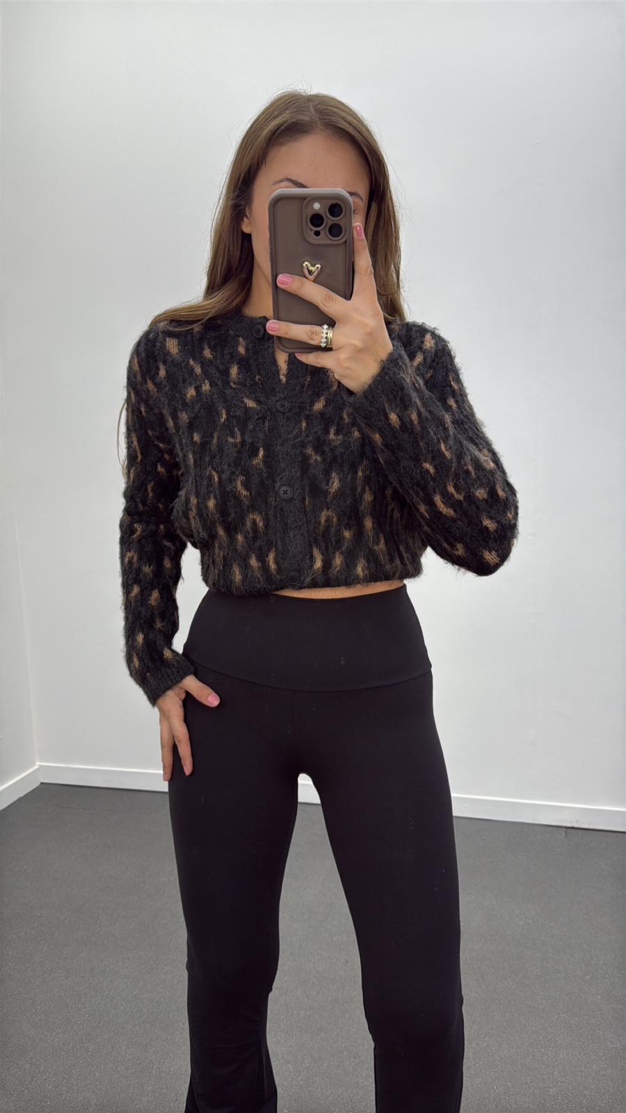 Noir Antrasit Leopar Desenli Premium Hırka