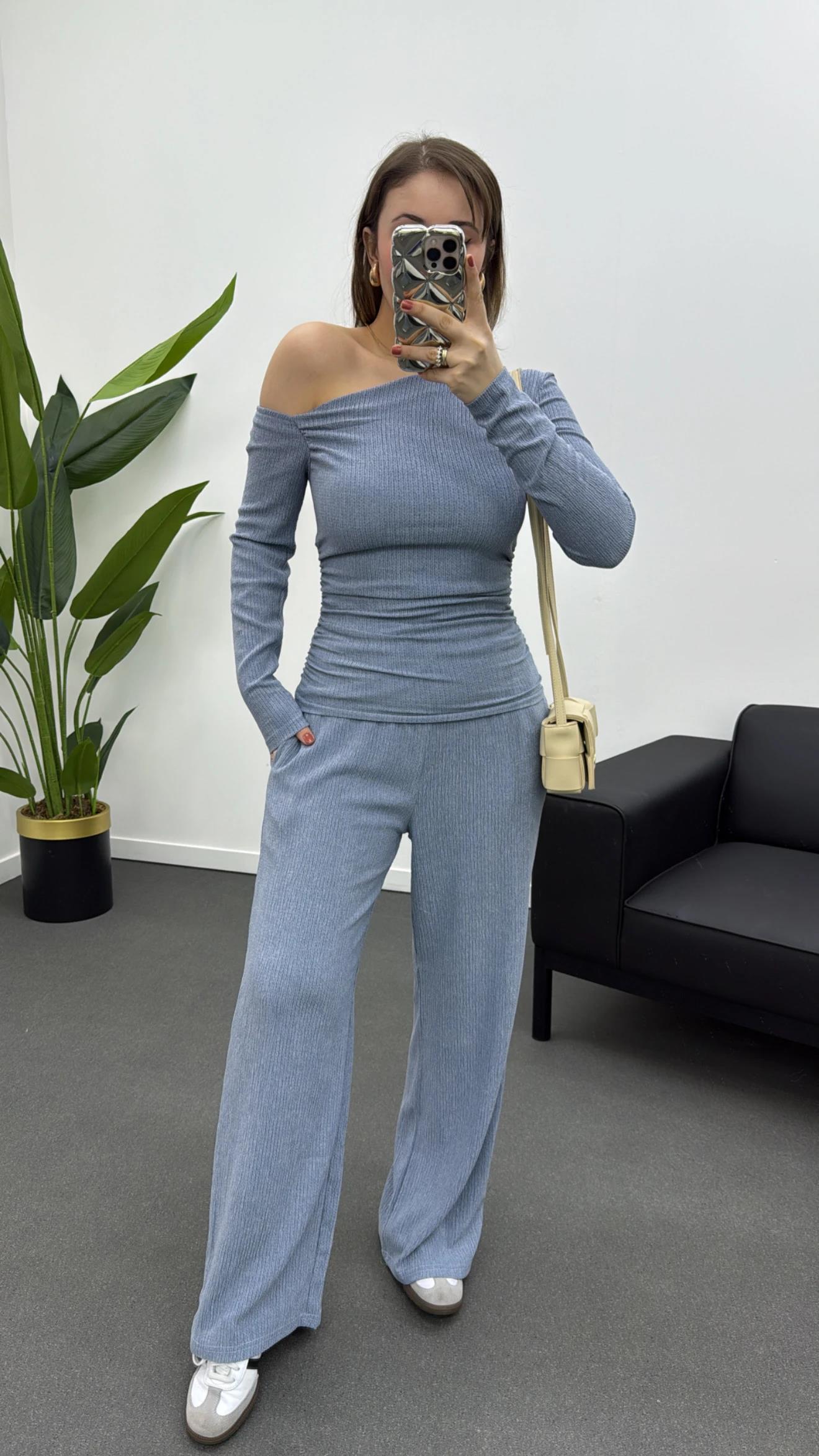 Nom Bebe Mavi Premium Likralı Kumaş Omzu Açık Bluz Pantolon Takımı