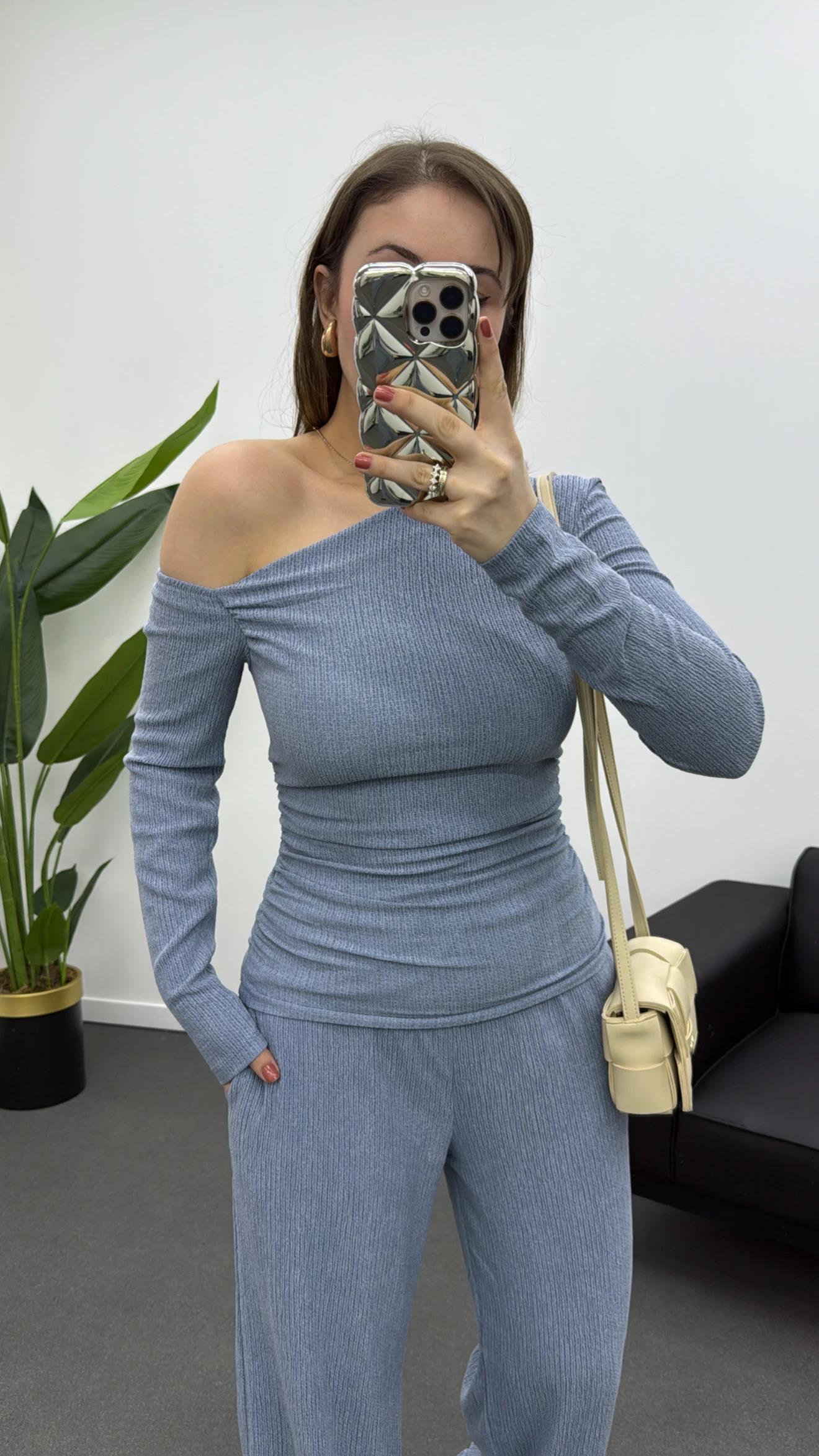 Nom Bebe Mavi Premium Likralı Kumaş Omzu Açık Bluz Pantolon Takımı