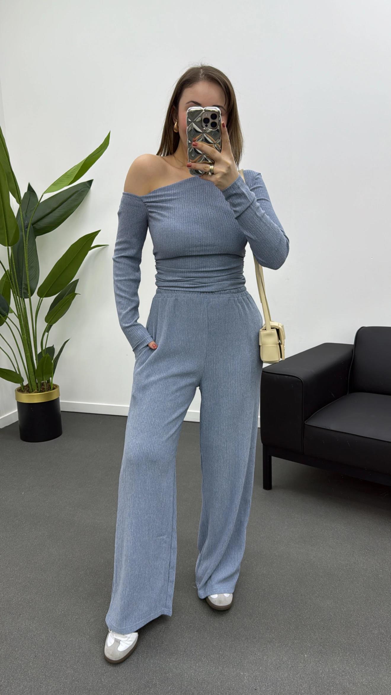 Nom Bebe Mavi Premium Likralı Kumaş Omzu Açık Bluz Pantolon Takımı