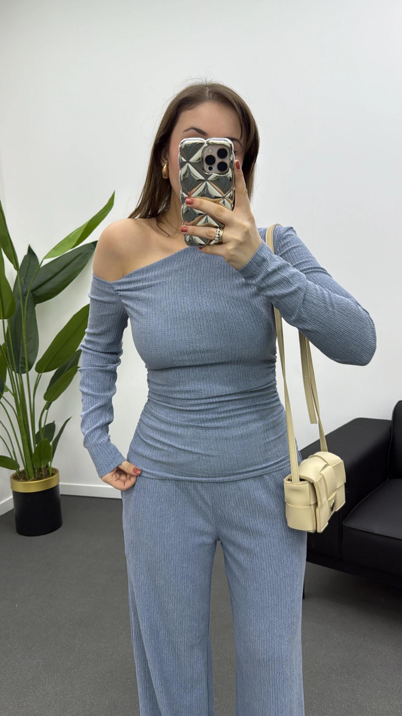 Nom Bebe Mavi Premium Likralı Kumaş Omzu Açık Bluz Pantolon Takımı