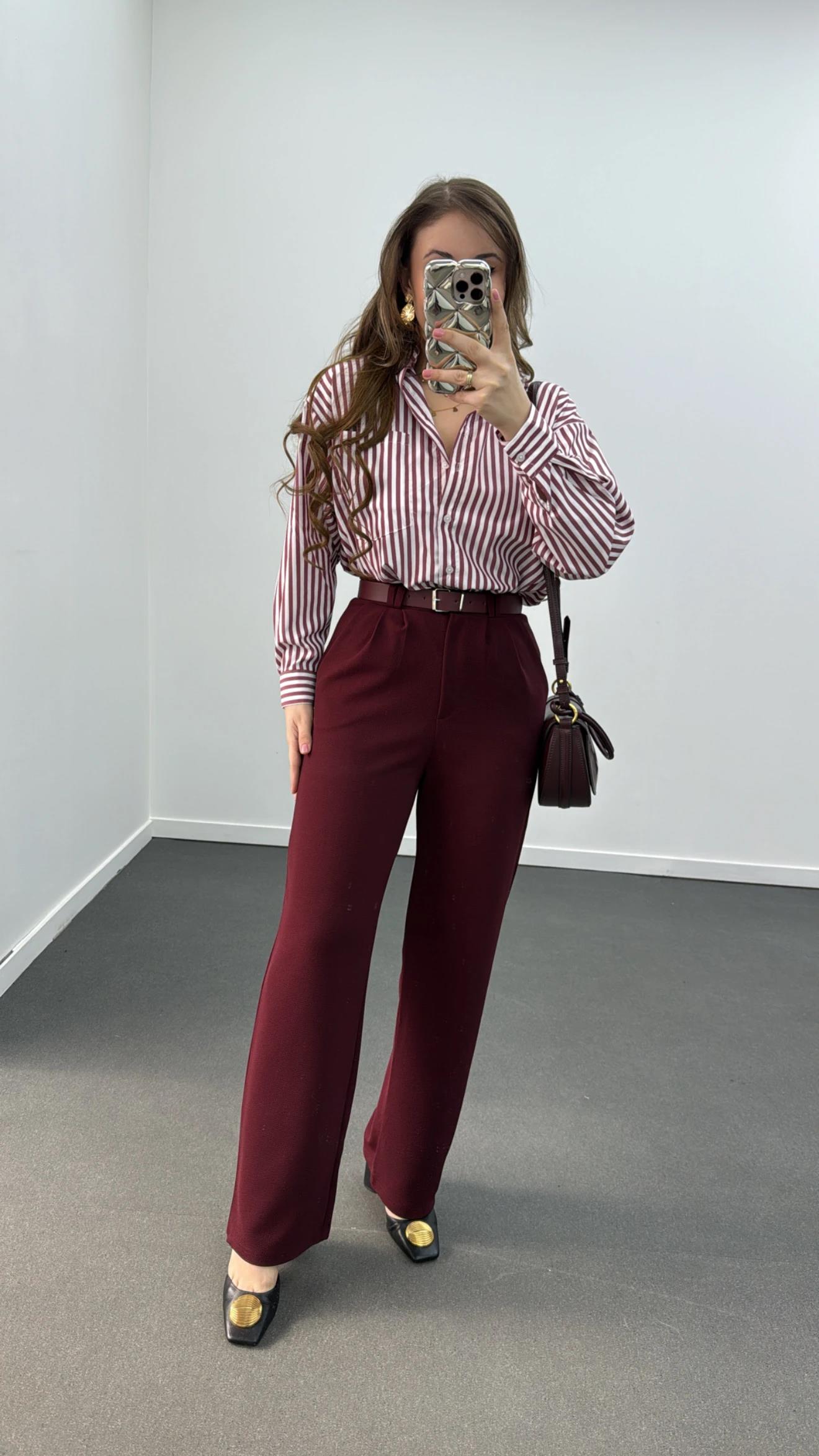 Nova Bordo Kemerli Likralı Kumaş Pantolon