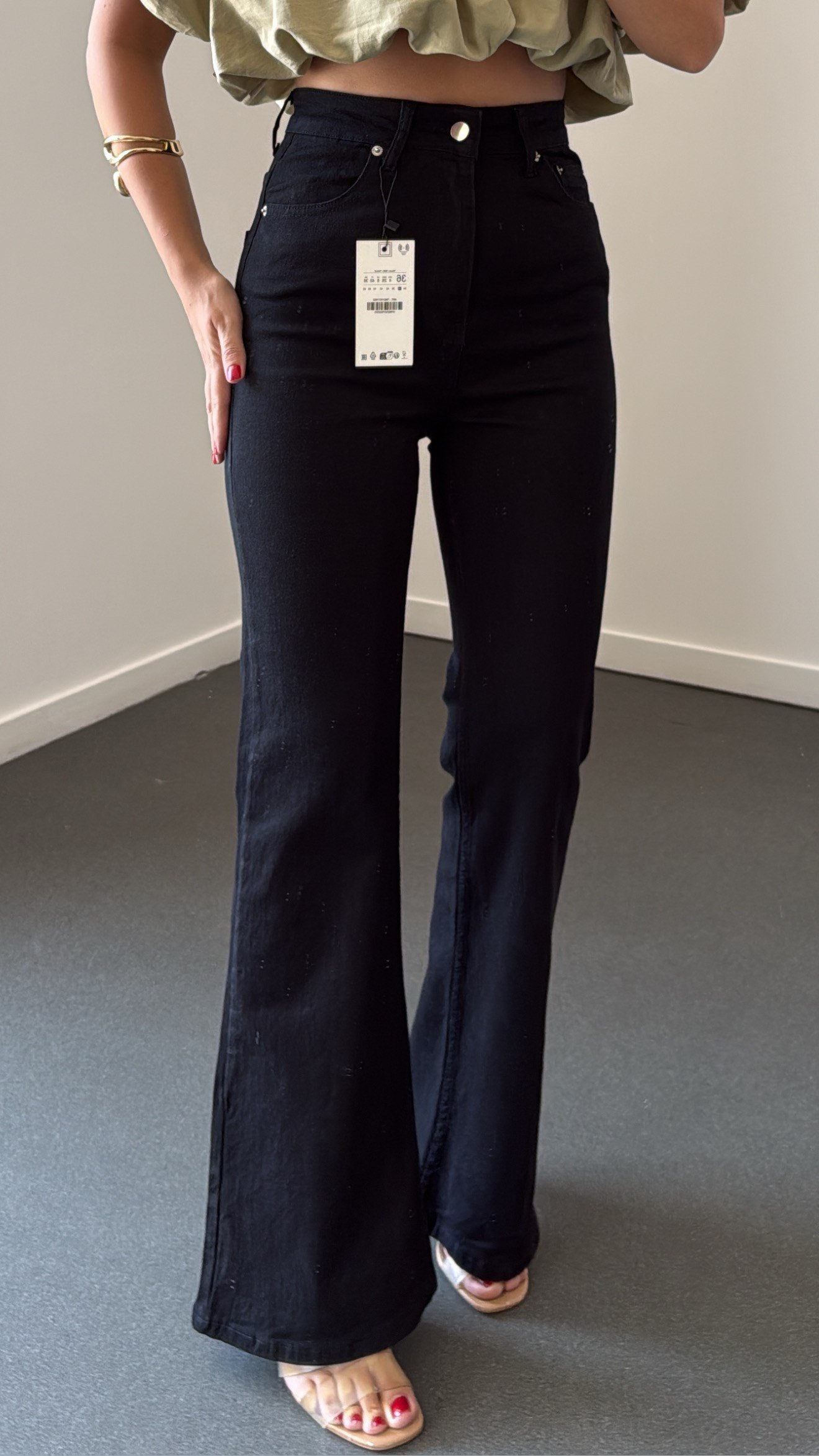 Nrf Siyah Extra Yüksek Bel Full Likralı Flare Jeans