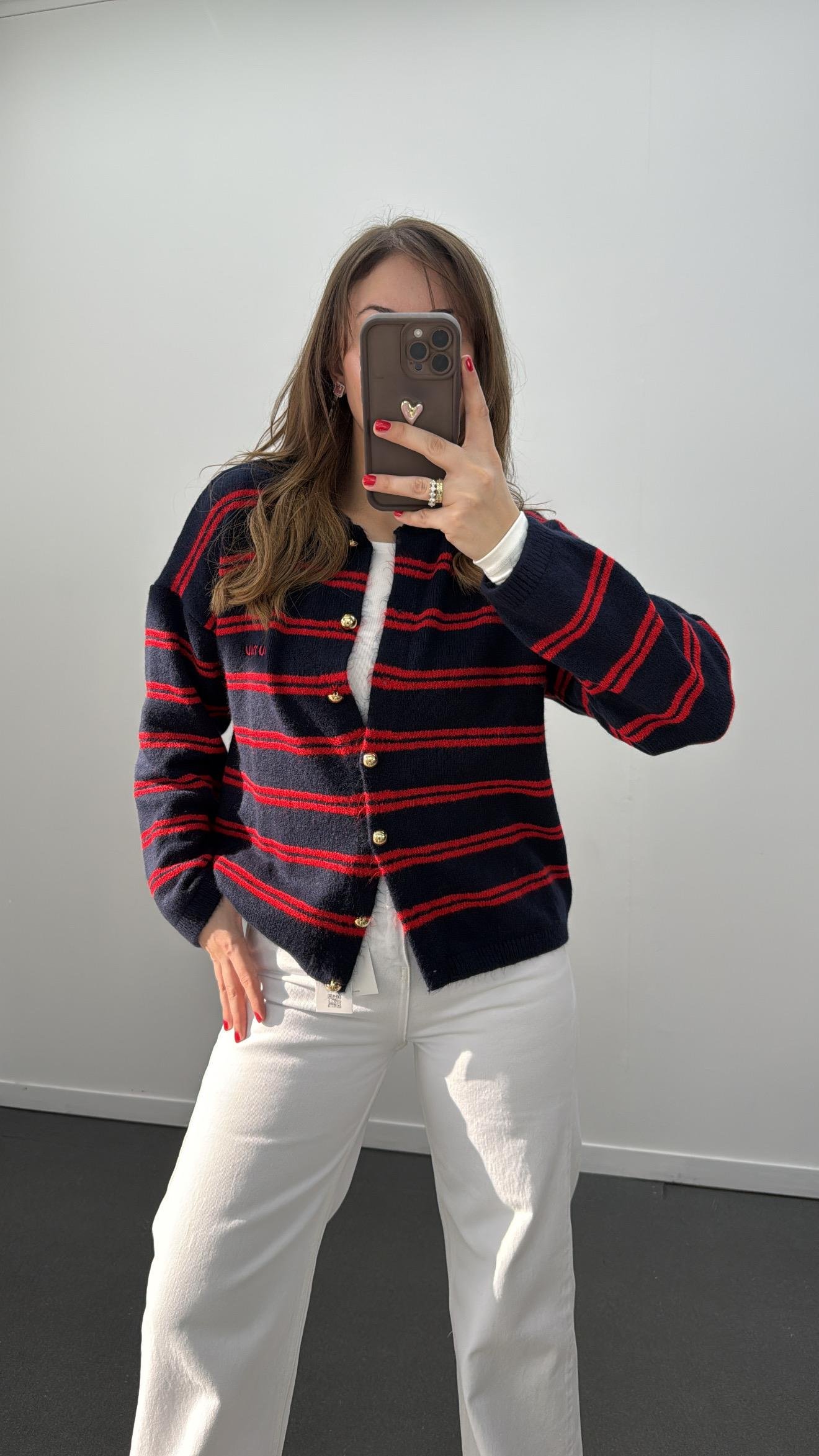 Octavia Lacivert Kırmızı Çizgili Gold Düğmeli Hırka