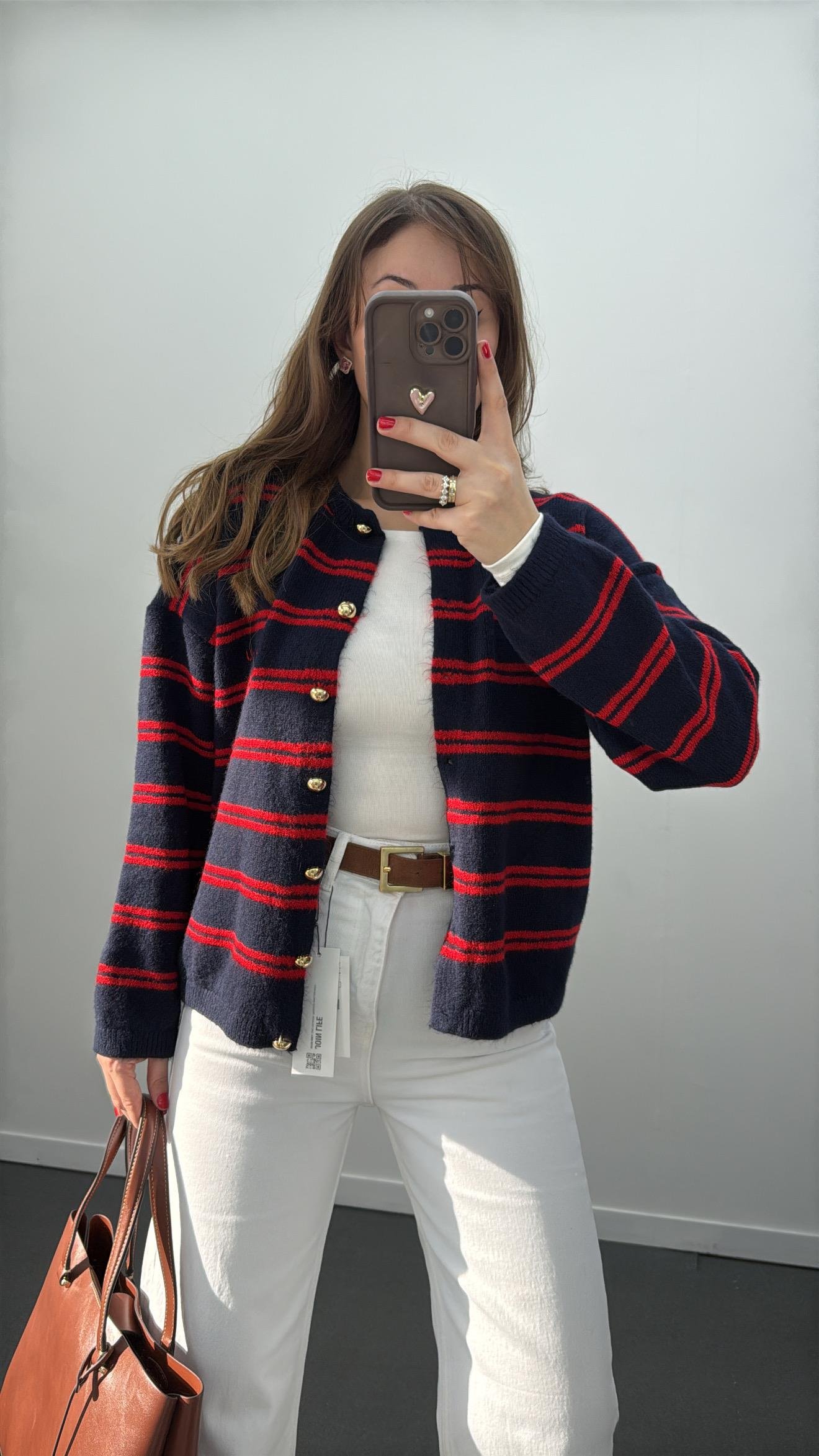 Octavia Lacivert Kırmızı Çizgili Gold Düğmeli Hırka