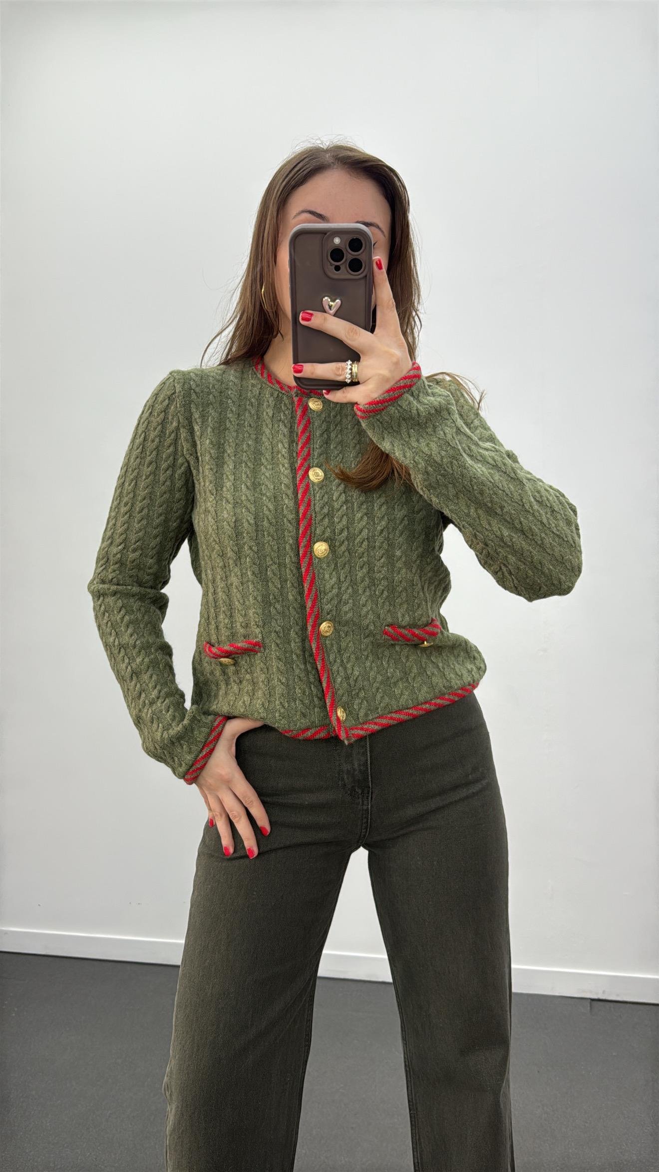 Olive Yeşil Saç Örgüsü Gold Düğmeli Hırka