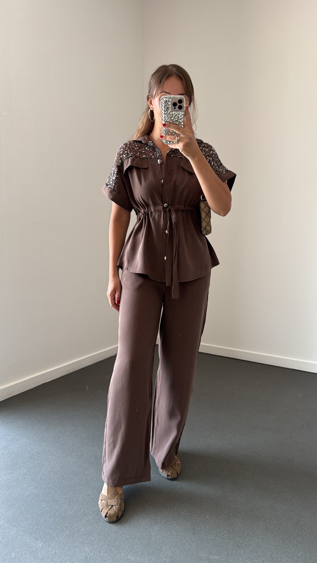 Orlina Kahve Modal Pul Payetli Bluz Ve Pantolon Takımı