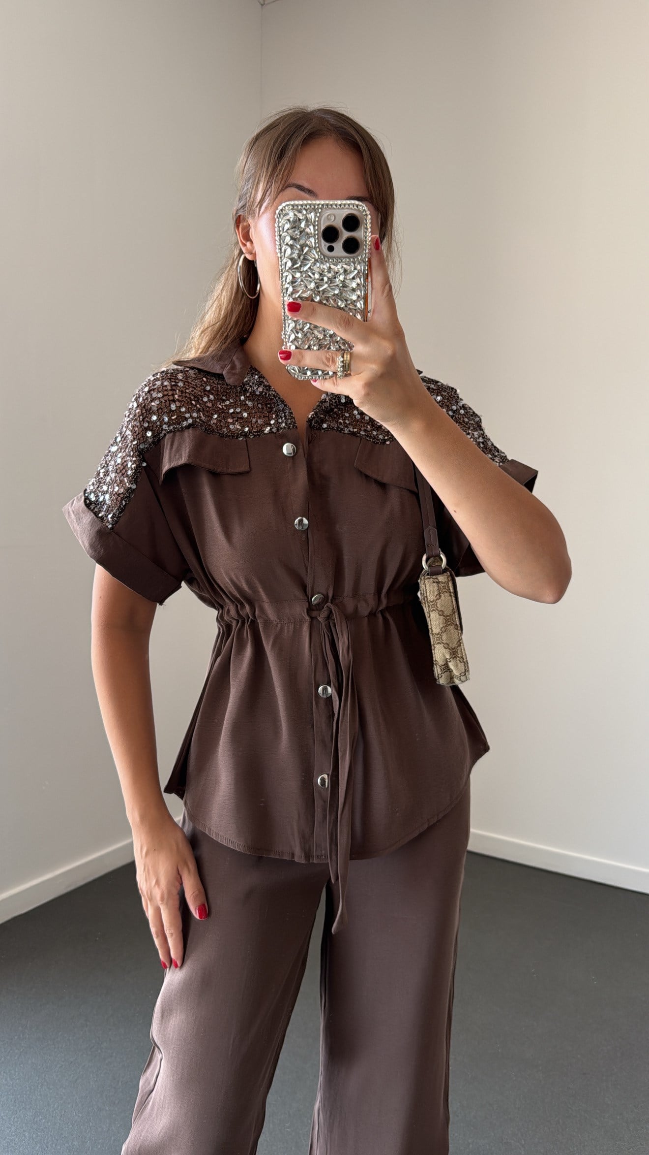 Orlina Kahve Modal Pul Payetli Bluz Ve Pantolon Takımı