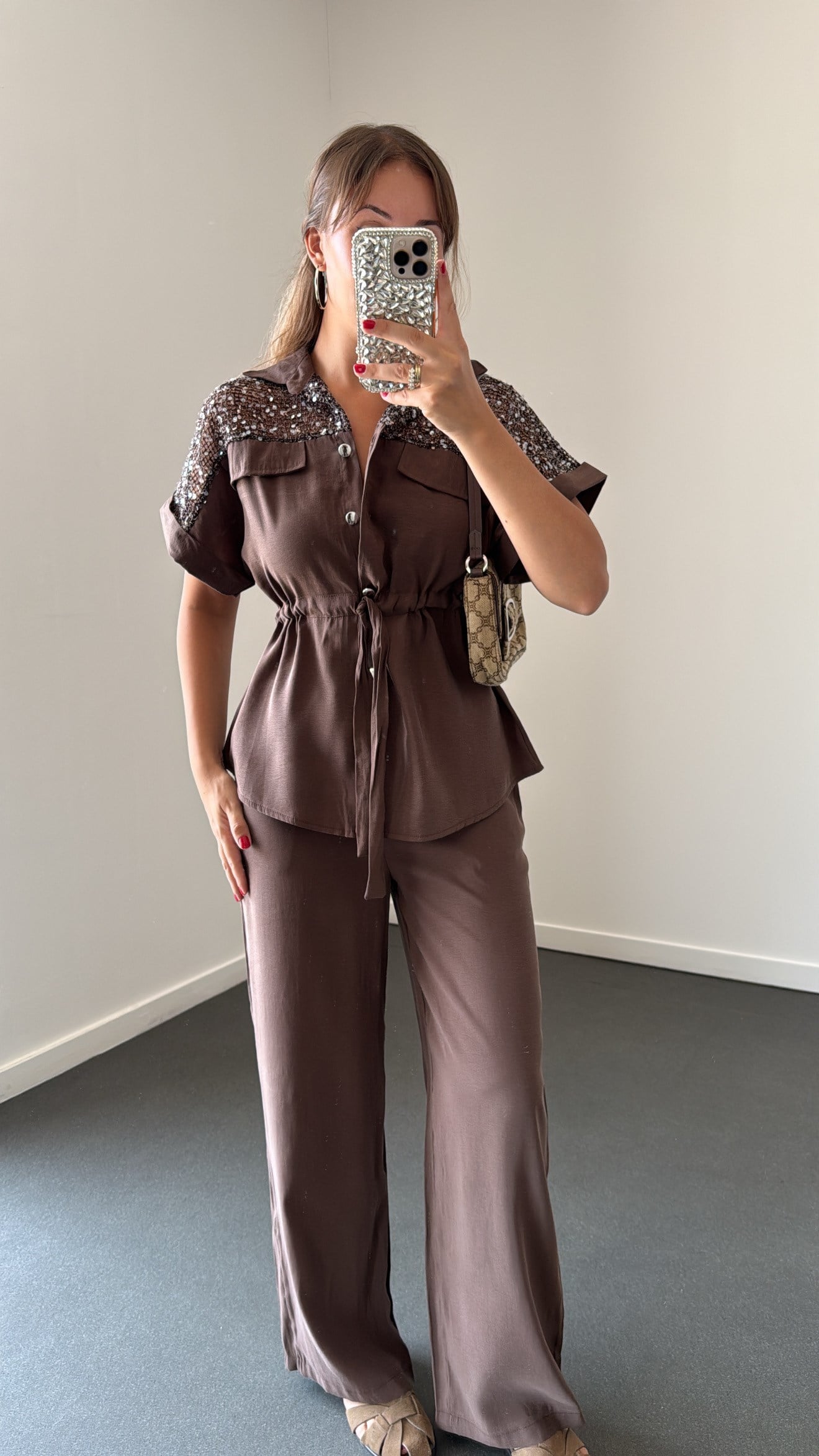 Orlina Kahve Modal Pul Payetli Bluz Ve Pantolon Takımı