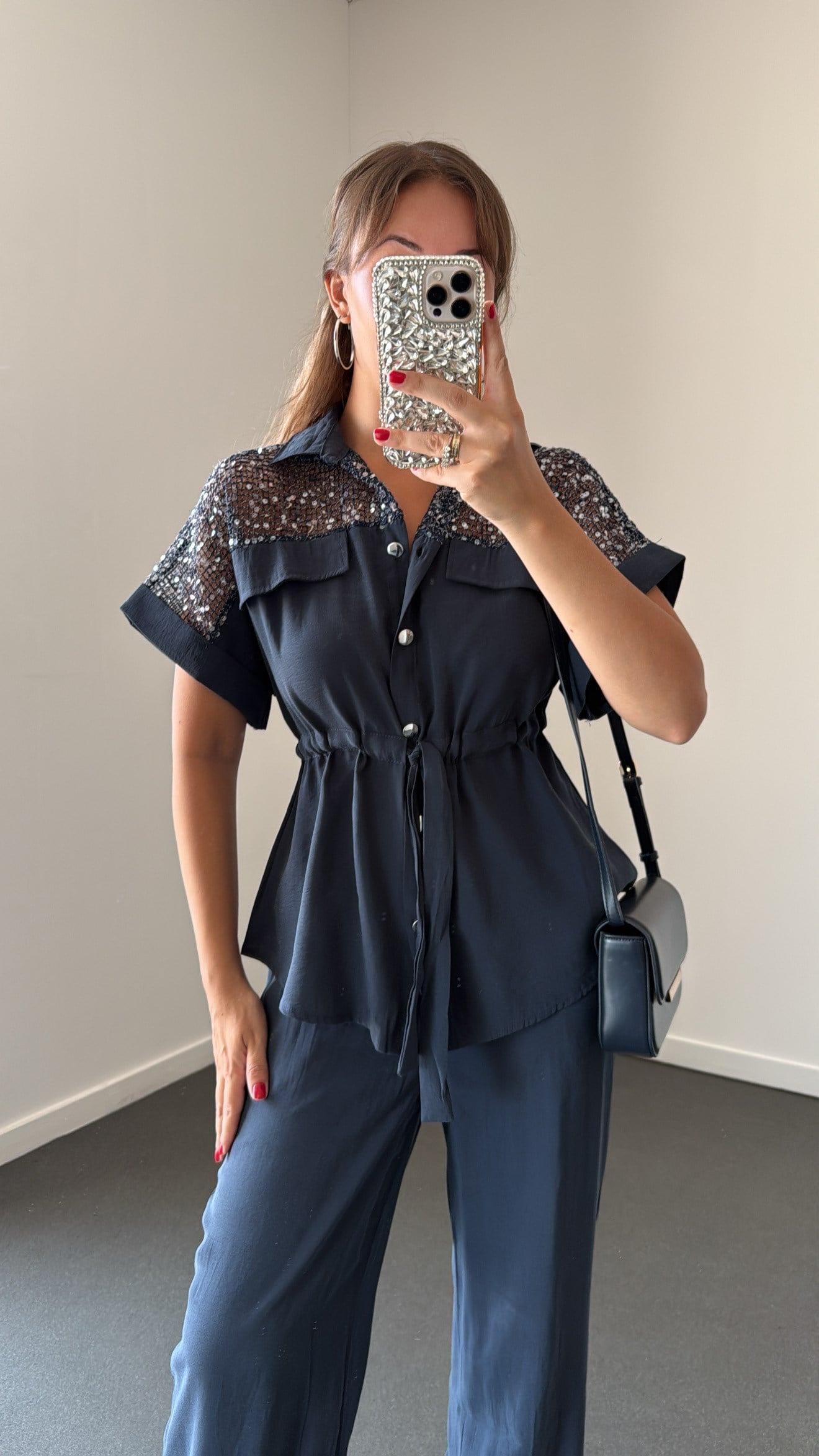 Orlina Lacivert Modal Pul Payetli Bluz Ve Pantolon Takımı