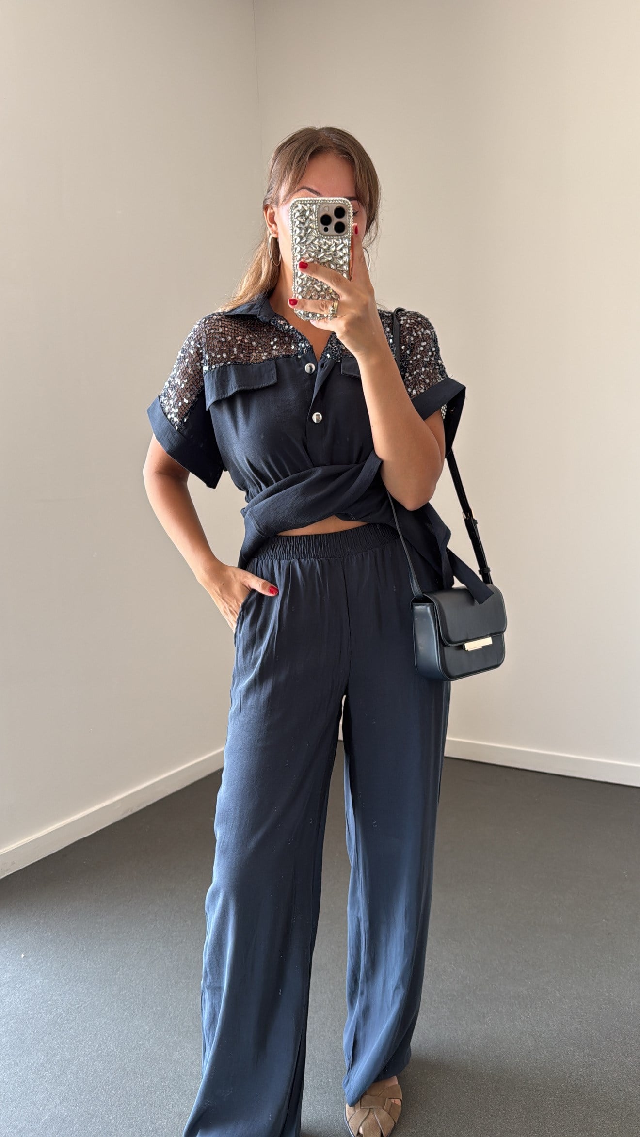 Orlina Lacivert Modal Pul Payetli Bluz Ve Pantolon Takımı