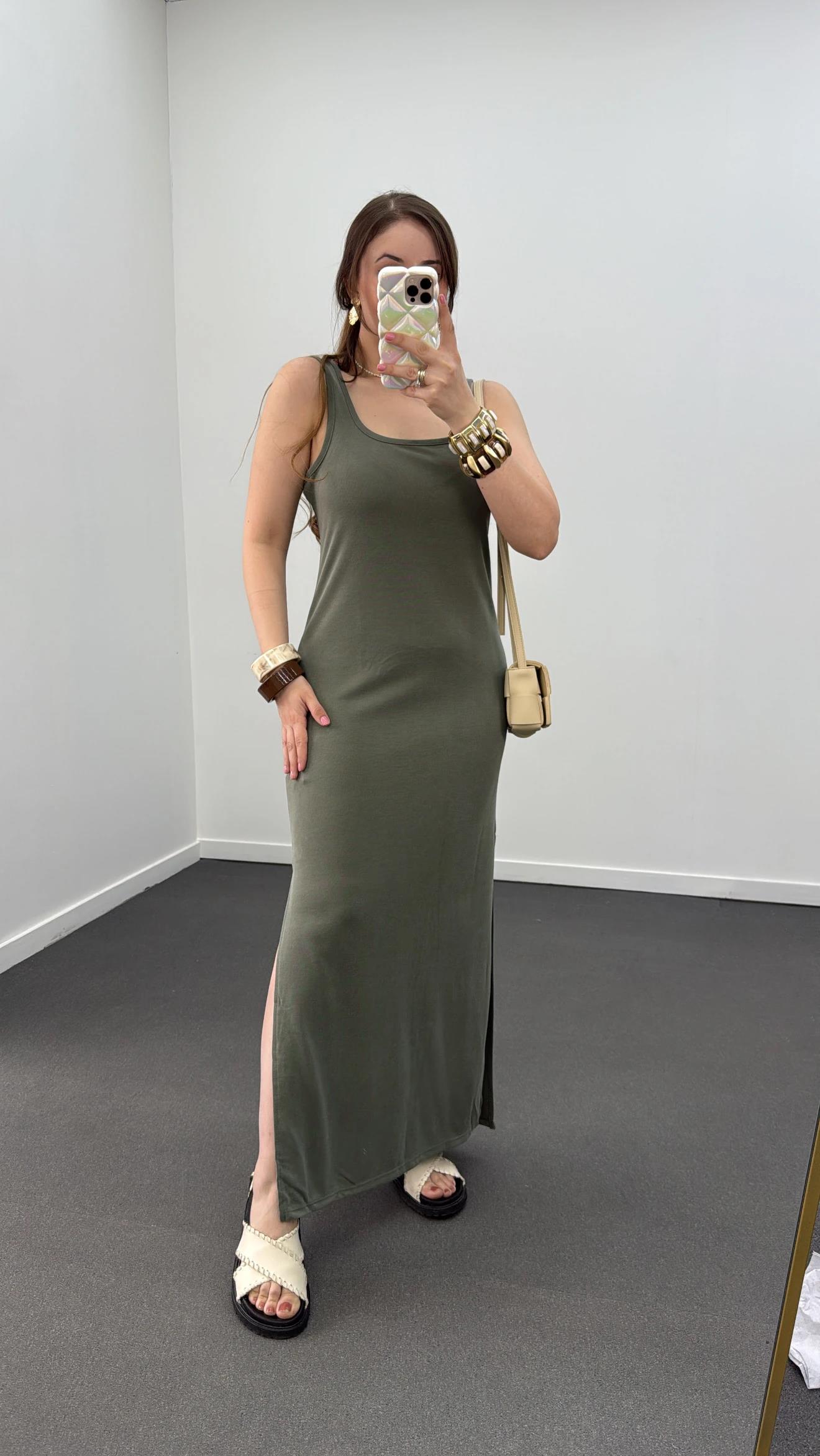 Oys Haki Askılı Modal Kumaş Midi Elbise