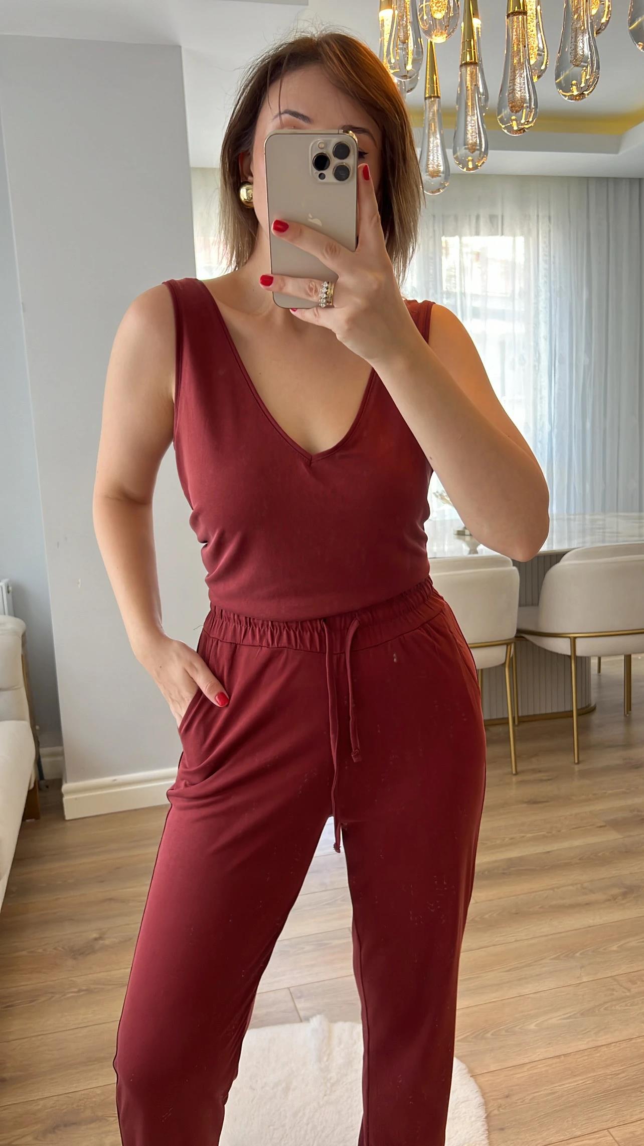 Oysh Kiremit Renk V Atlet ve Jogger Modal Kumaş Takımı