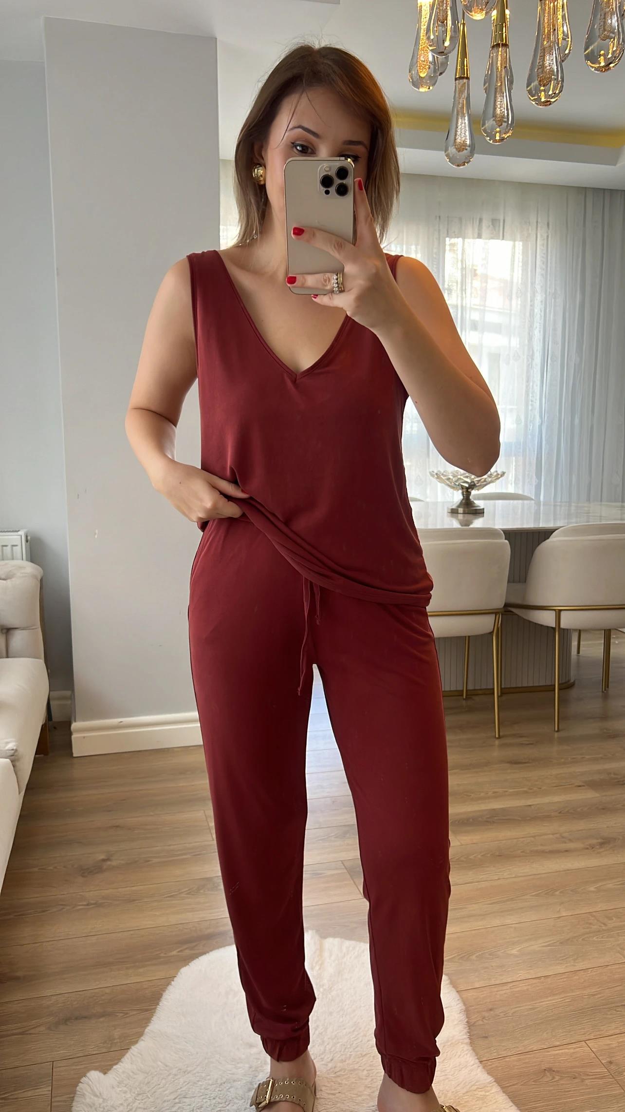 Oysh Kiremit Renk V Atlet ve Jogger Modal Kumaş Takımı