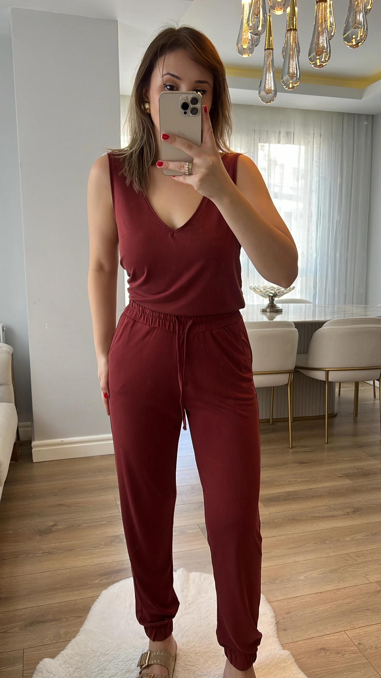 Oysh Kiremit Renk V Atlet ve Jogger Modal Kumaş Takımı