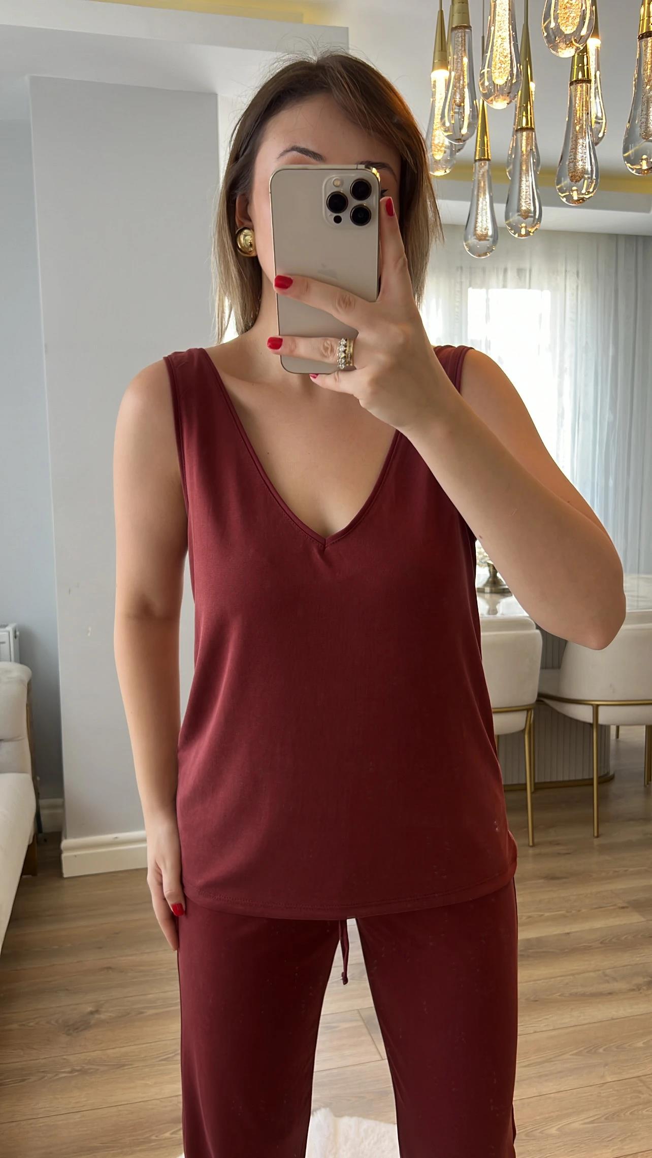 Oysh Kiremit Renk V Atlet ve Jogger Modal Kumaş Takımı