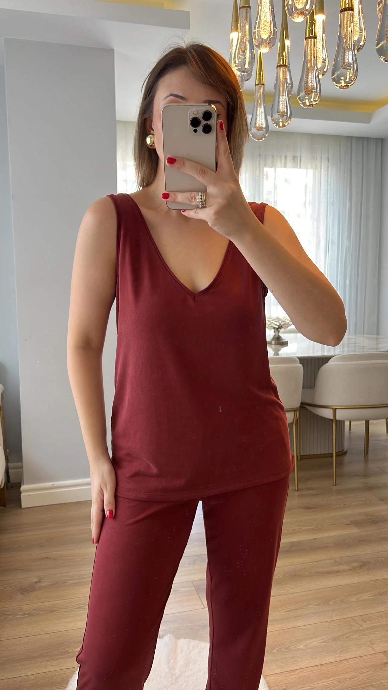 Oysh Kiremit Renk V Atlet ve Jogger Modal Kumaş Takımı