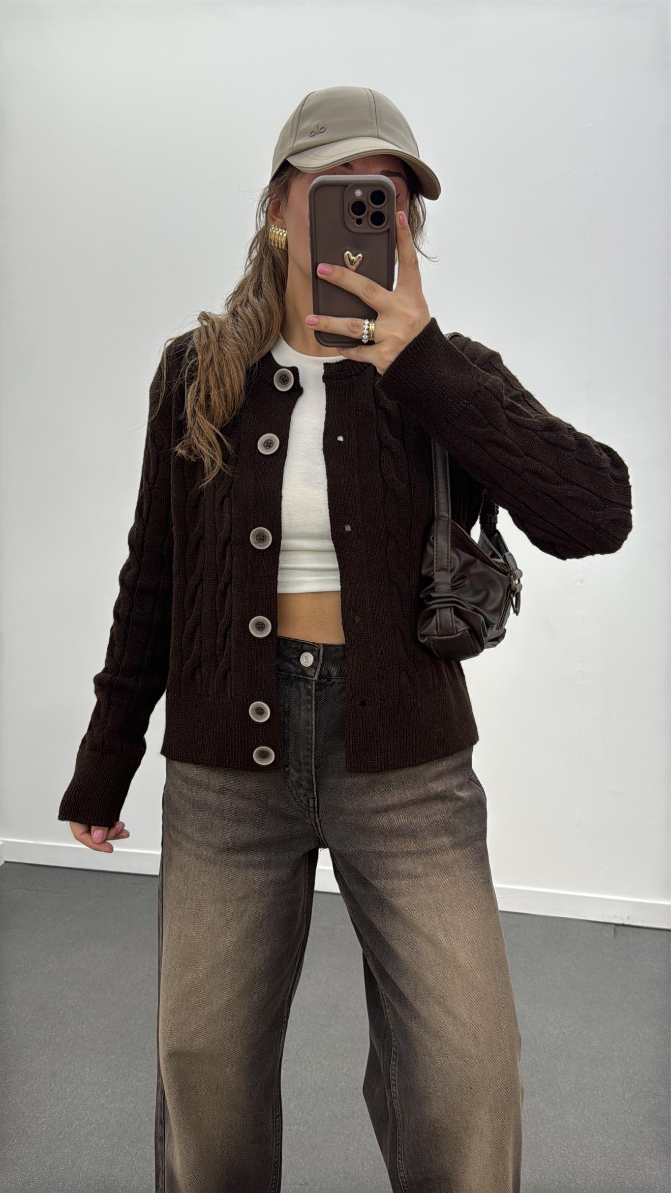 Paella Acı Kahve Saç Örgü Triko Hırka