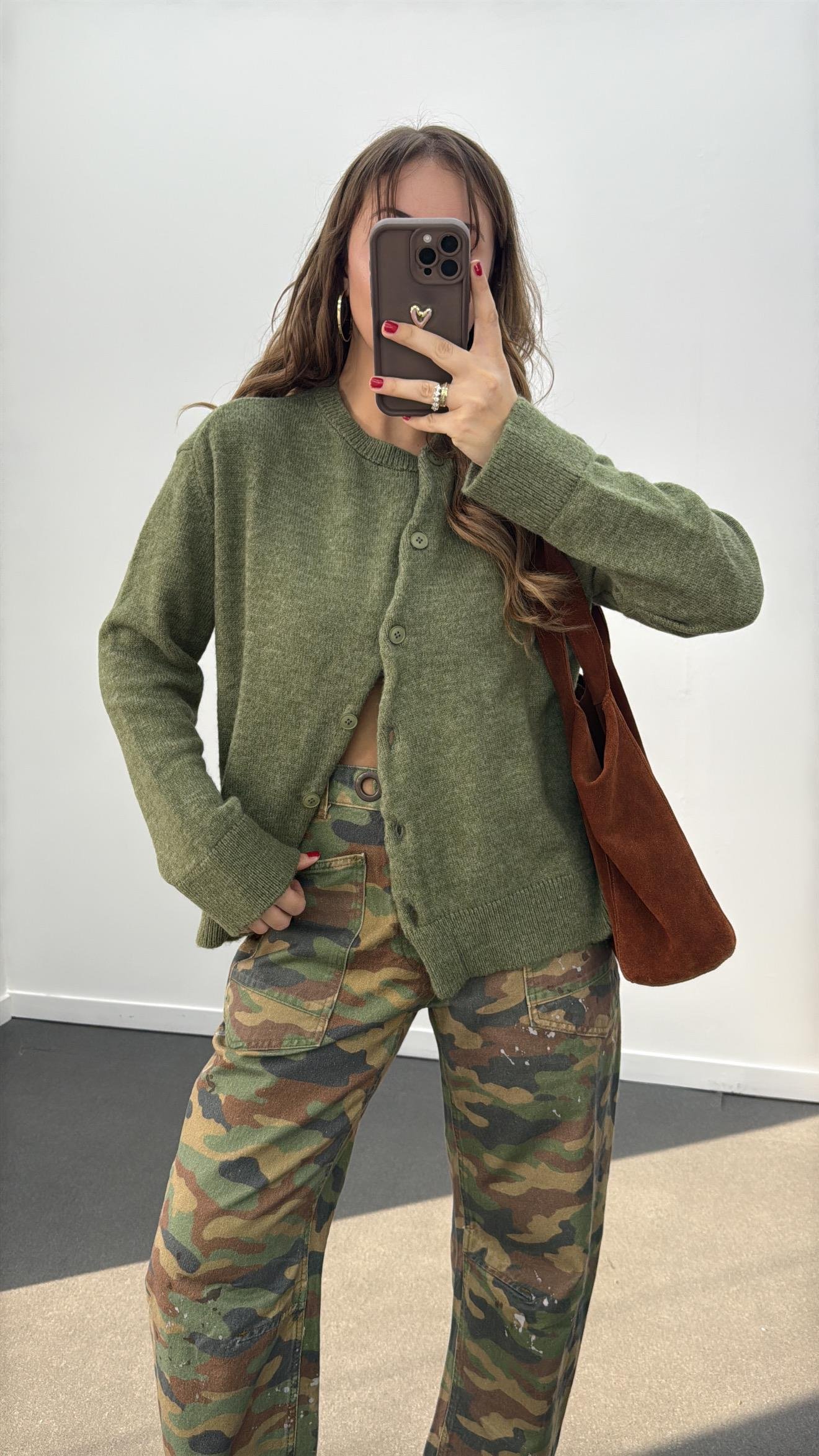 Pamera Asimetrik Düğmeli Yeşil Triko