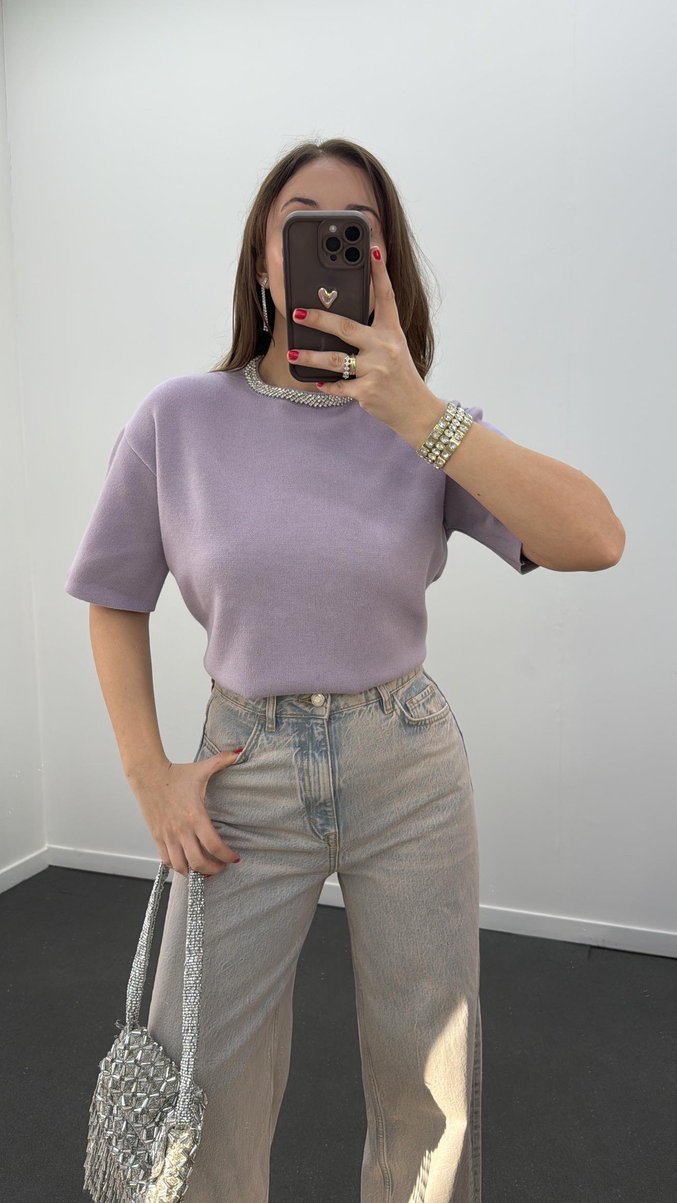 Pante Lila Taş Aksesuarlı Yumuşak Triko