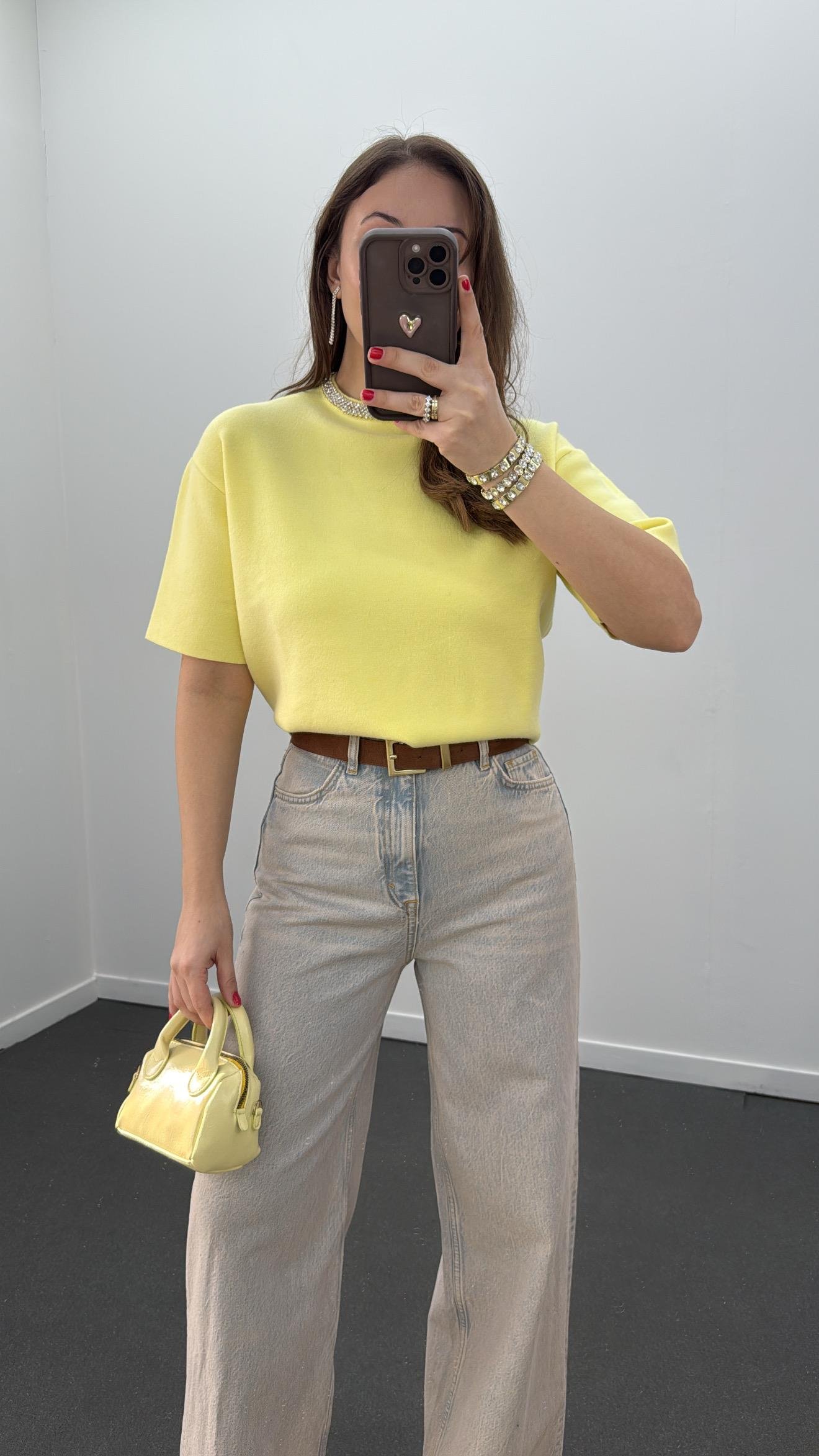 Pante Sarı Taş Aksesuarlı Yumuşak Triko