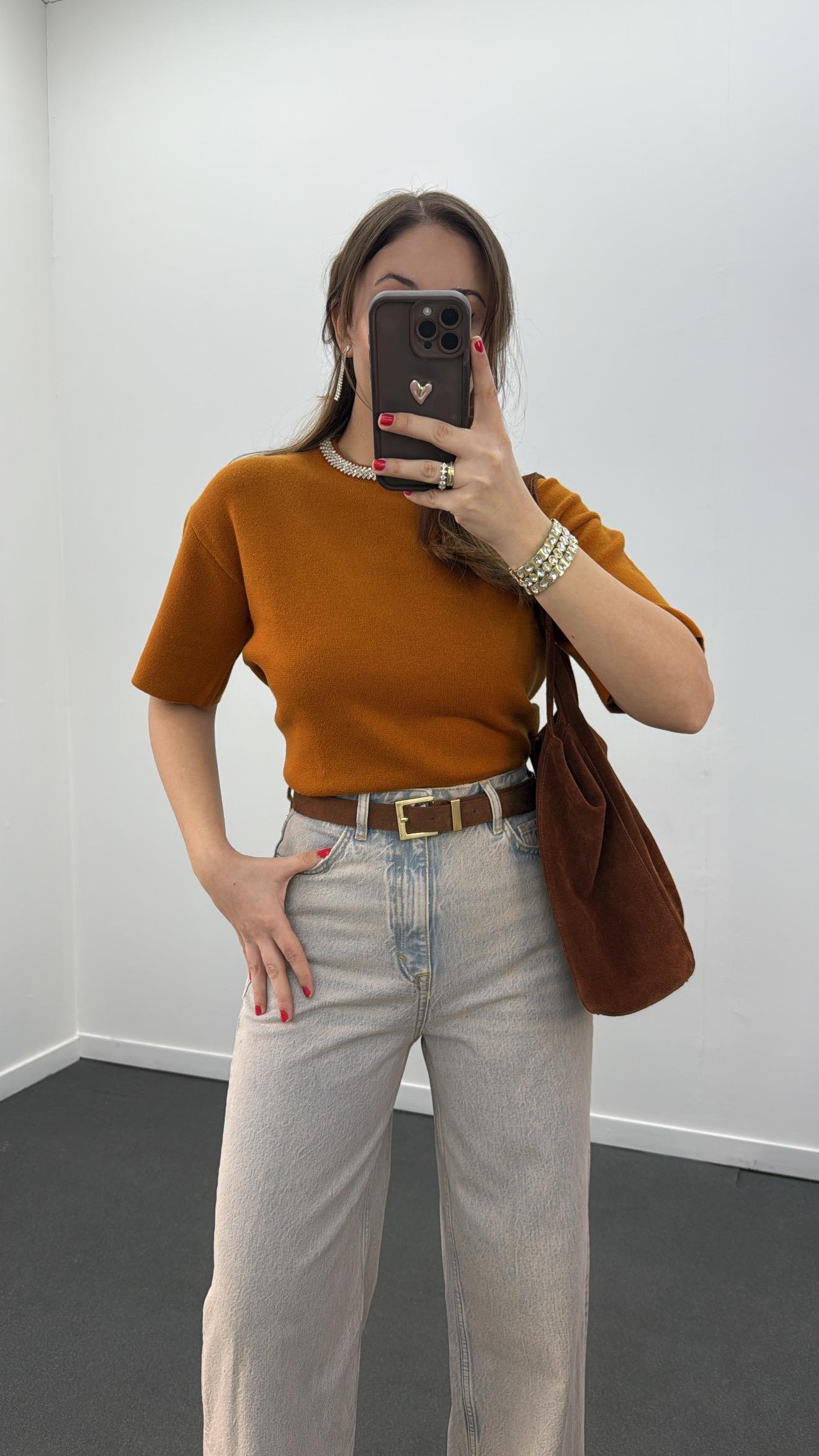 Pante Turuncu Taş Aksesuarlı Yumuşak Triko