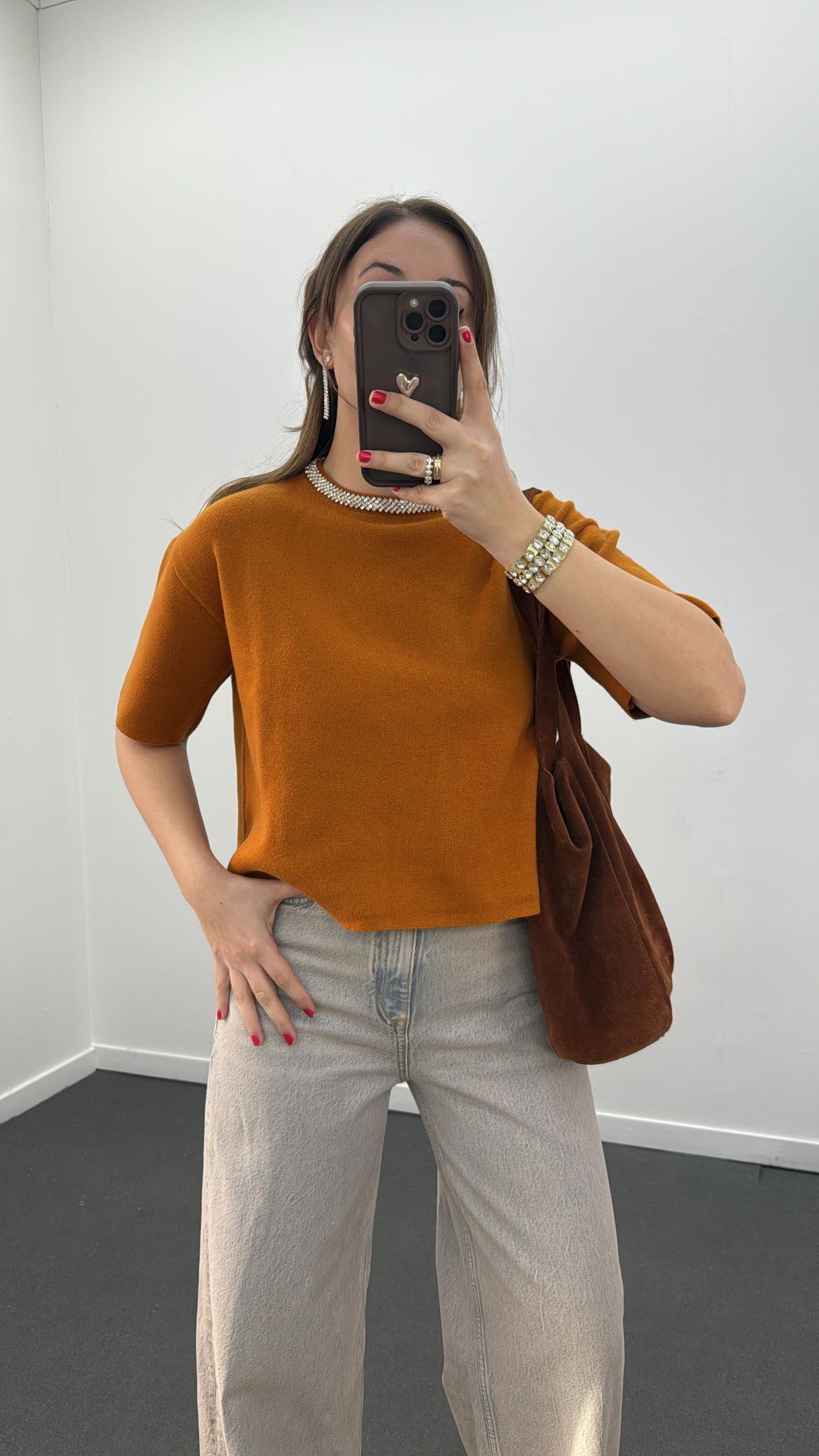 Pante Turuncu Taş Aksesuarlı Yumuşak Triko