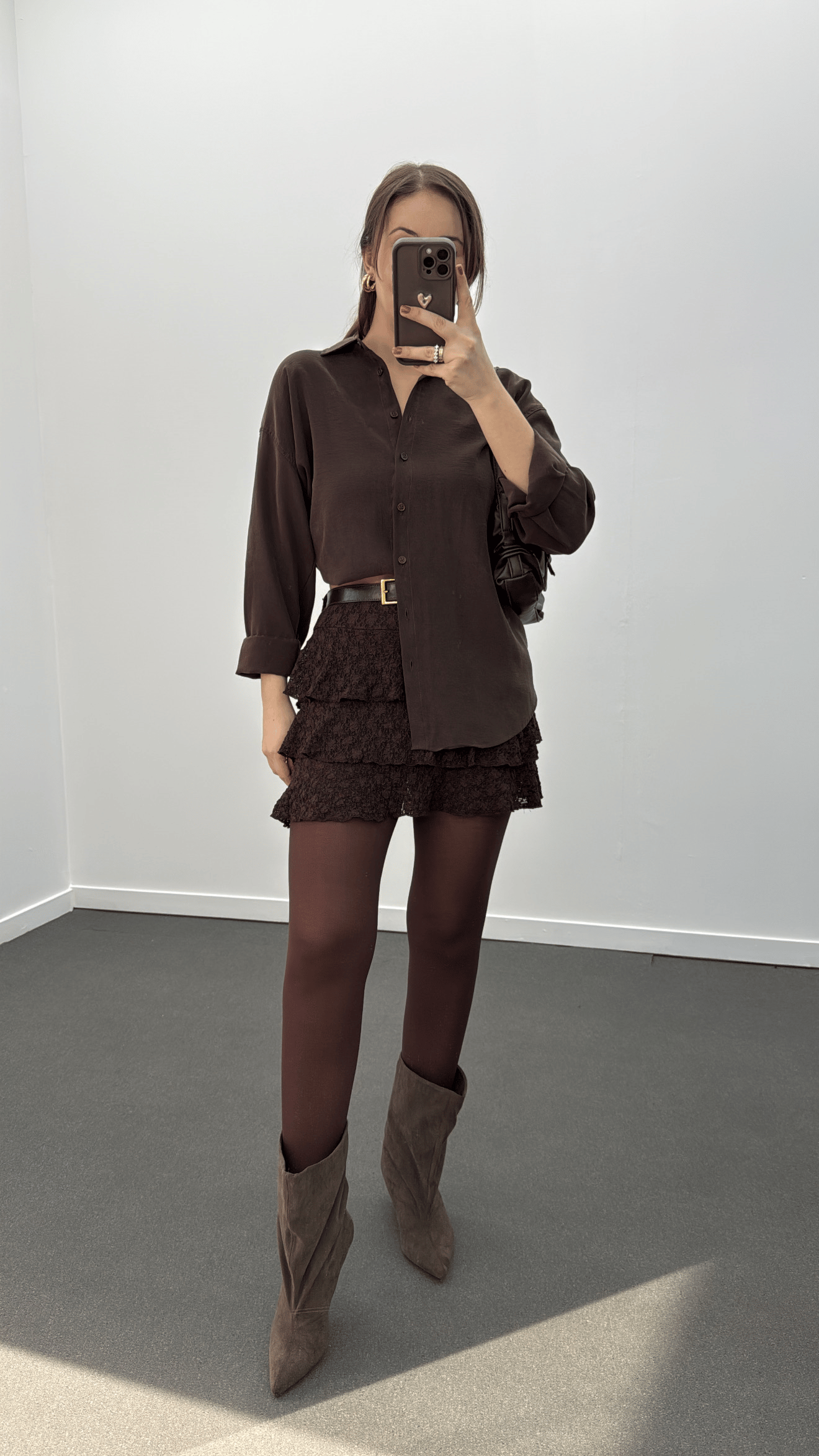 Paola Kahverengi Dantelli Fırfırlı Mini Etek
