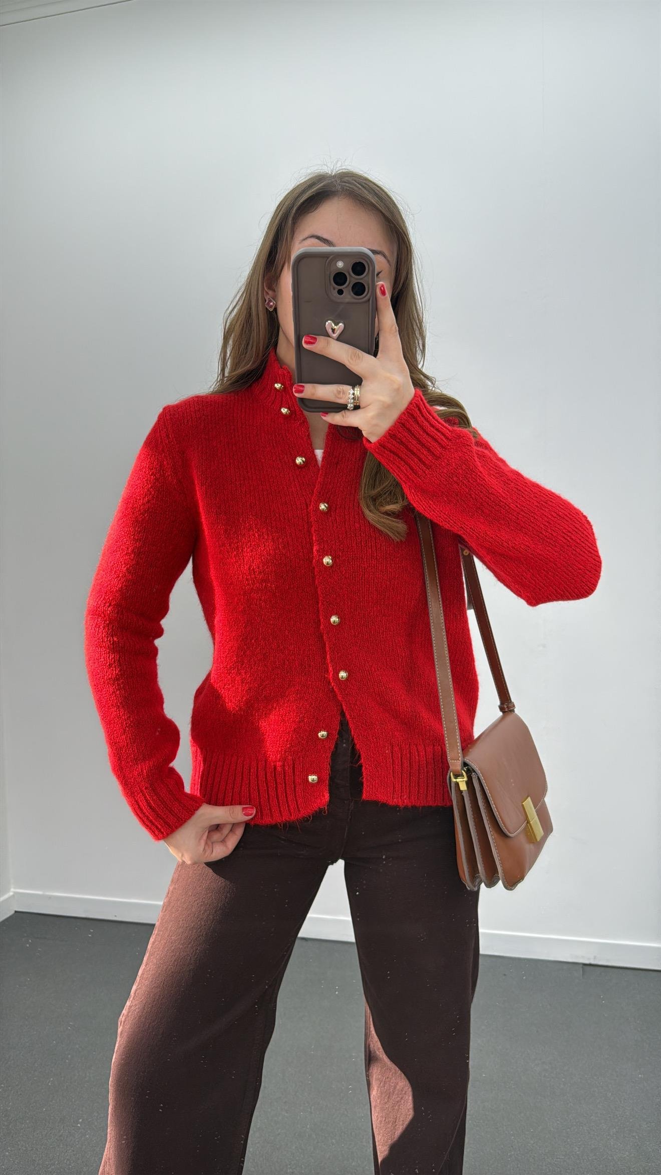 Pardis Kırmızı Gold Düğmeli Premium Triko