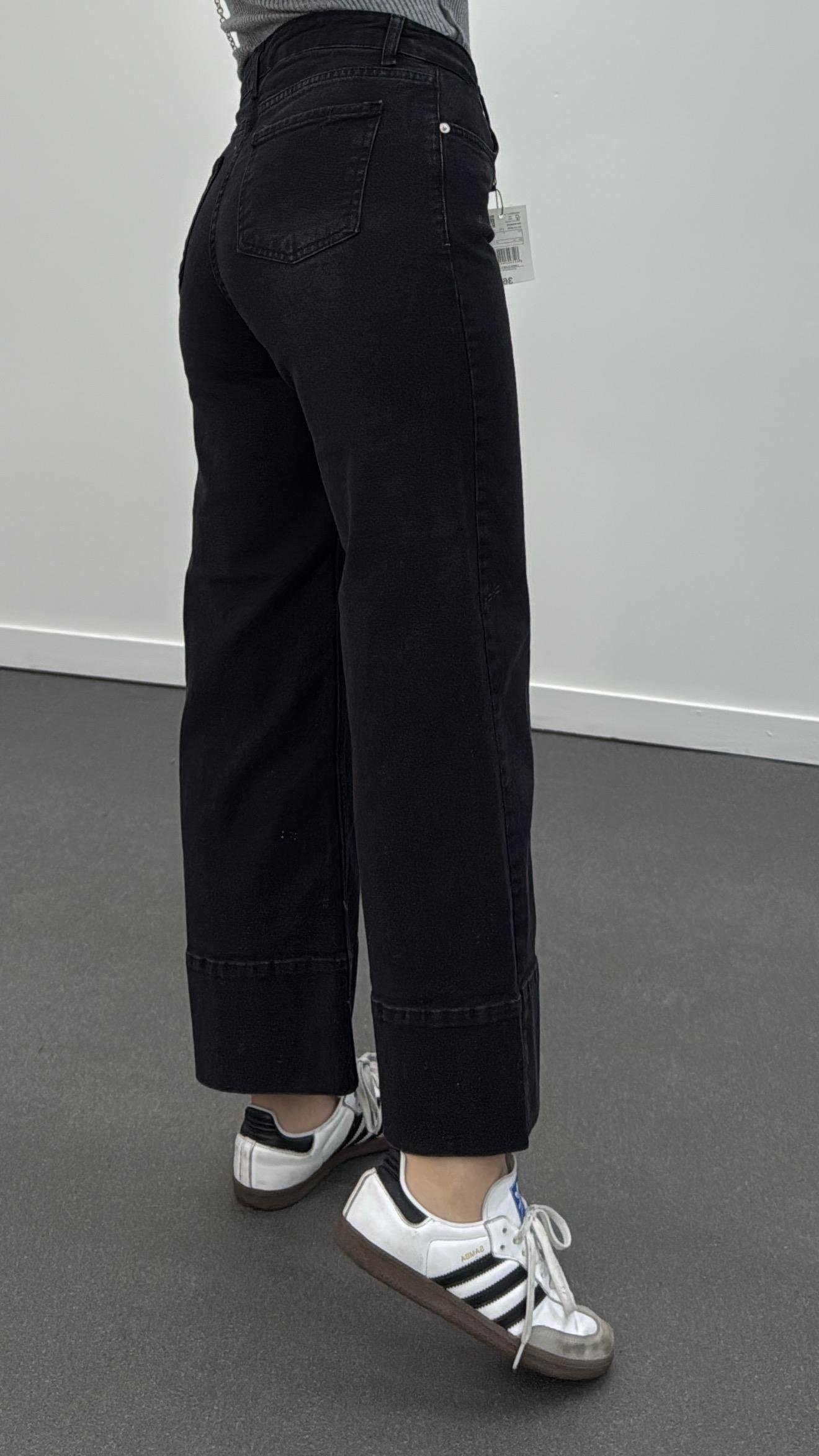 Paris Antrasit Nervür Dikişli Wide Leg Crop Jeans