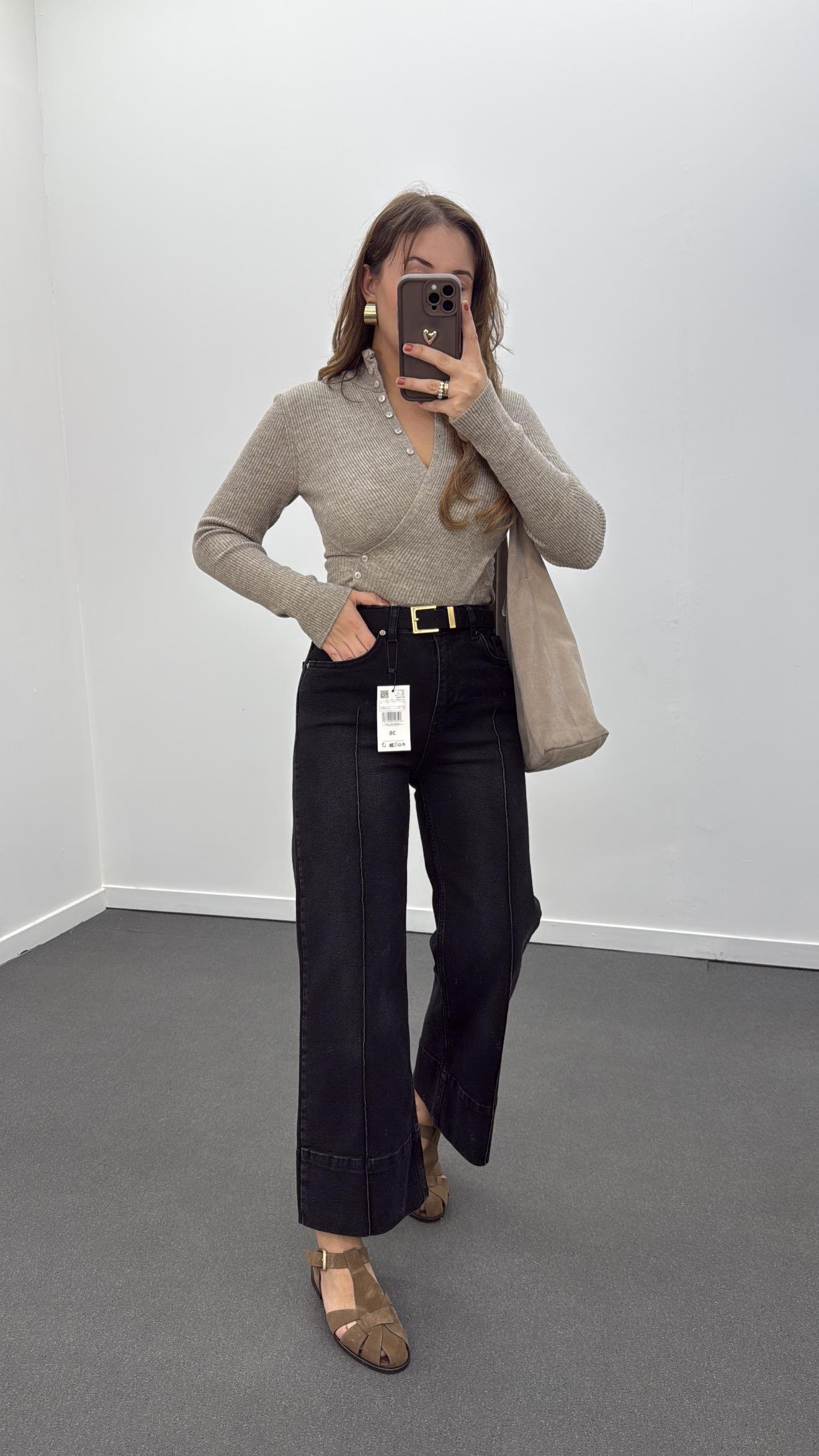 Paris Antrasit Nervür Dikişli Wide Leg Crop Jeans