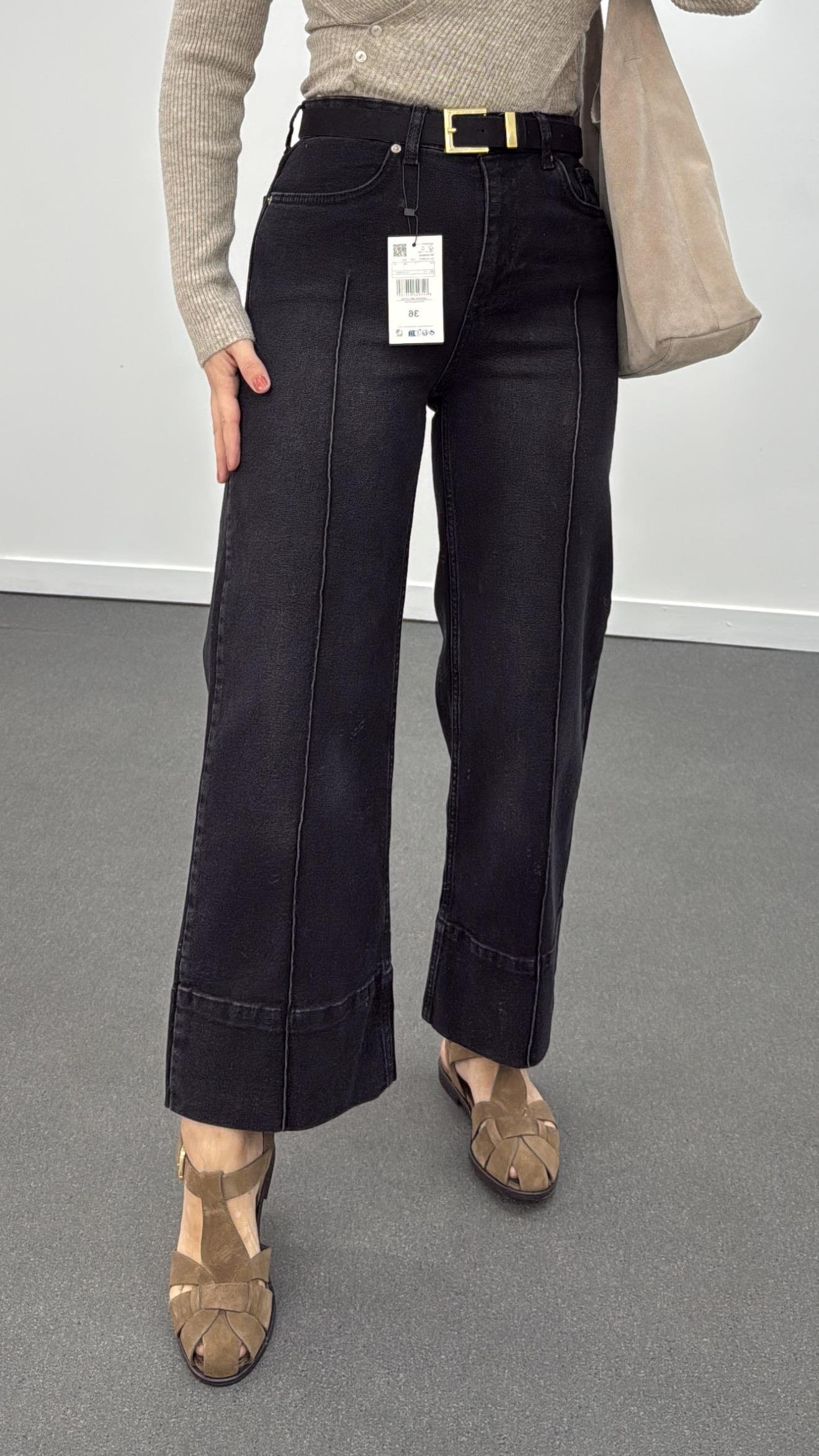 Paris Antrasit Nervür Dikişli Wide Leg Crop Jeans