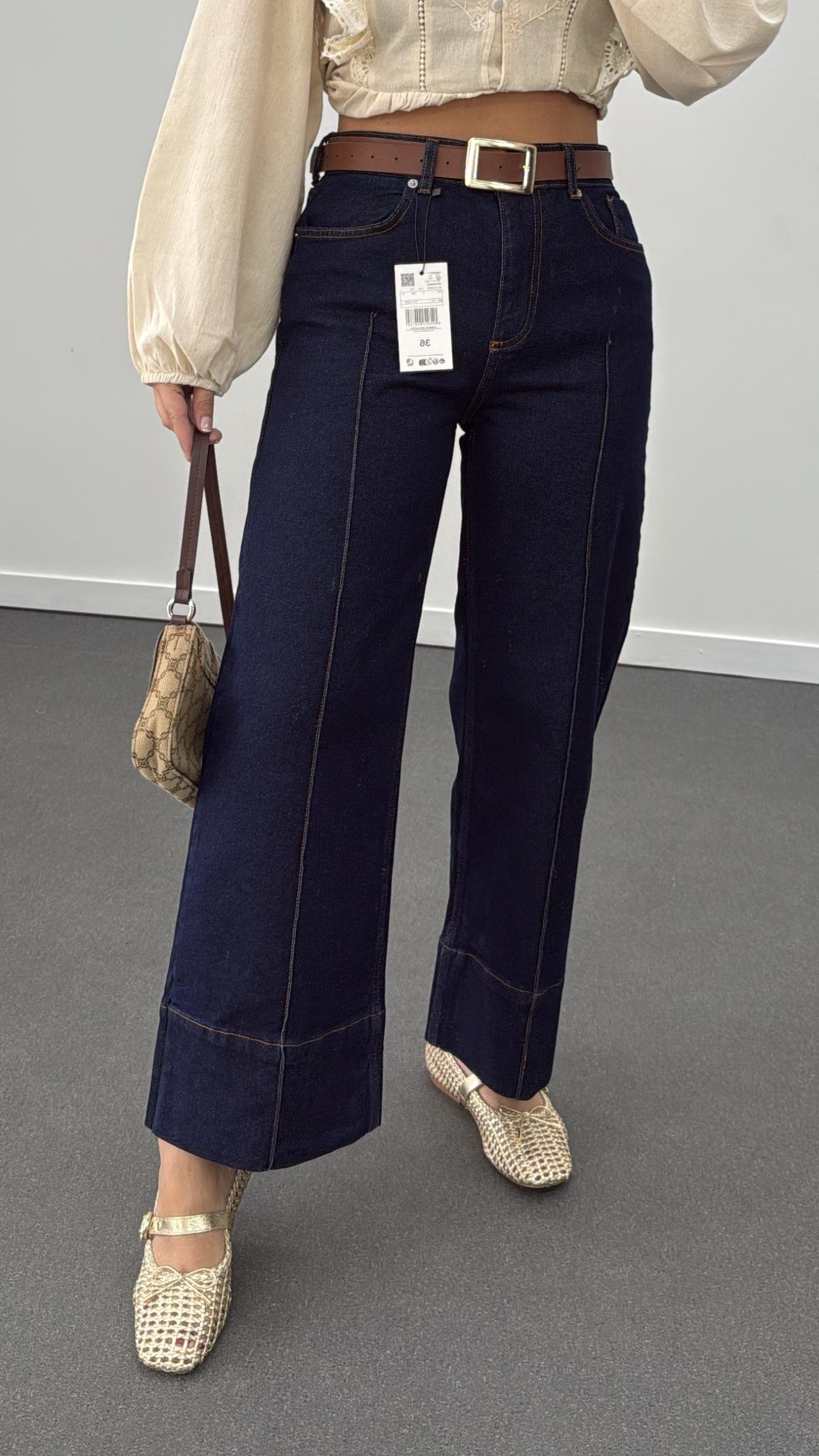 Paris Dark Blue Nervür Dikişli Wide Leg Crop Jeans