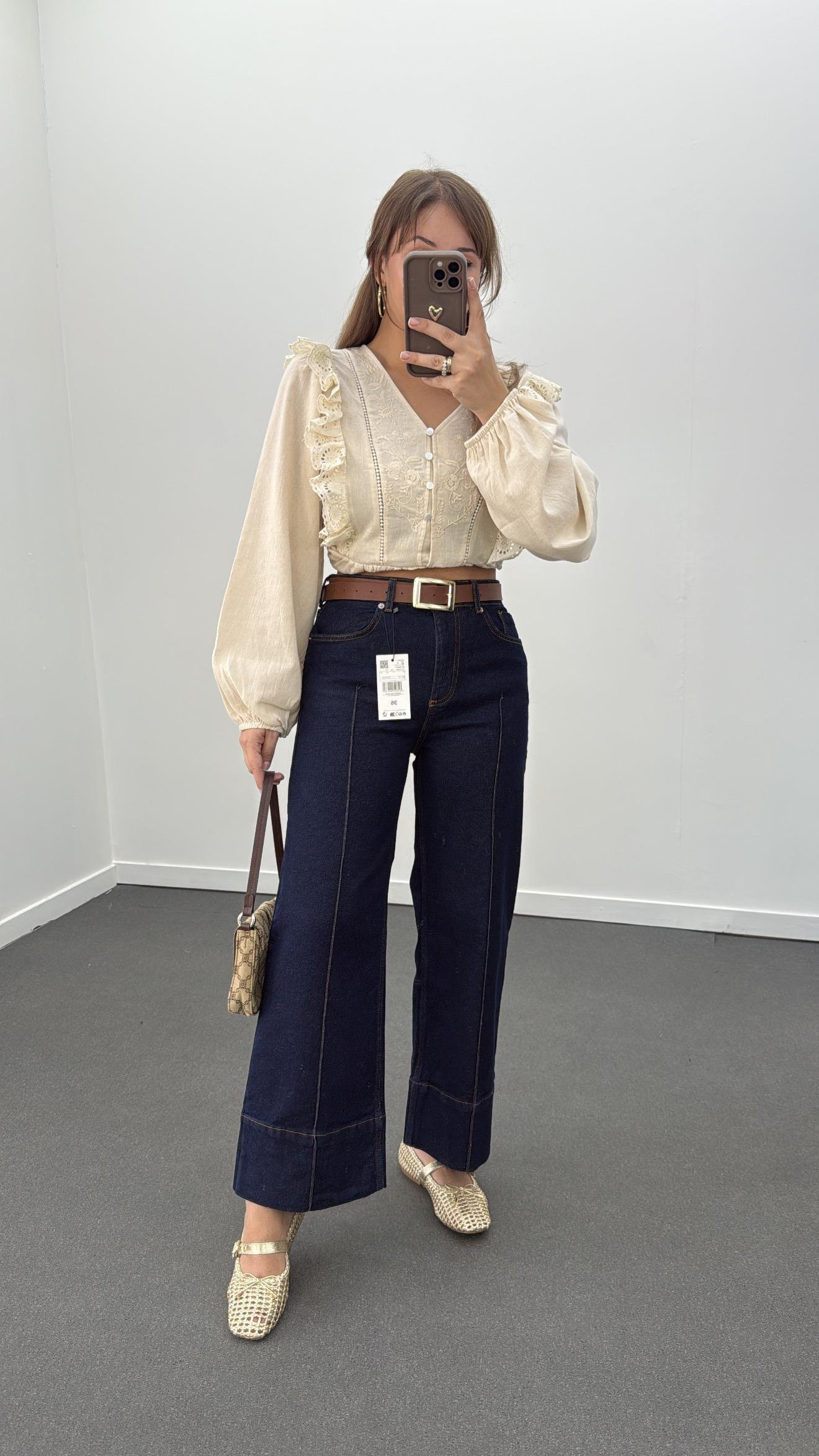 Paris Dark Blue Nervür Dikişli Wide Leg Crop Jeans