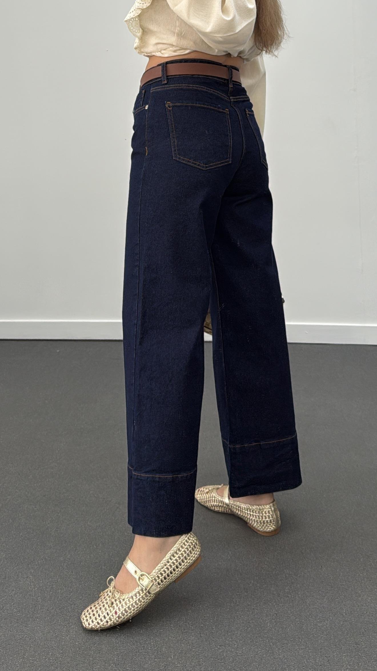 Paris Dark Blue Nervür Dikişli Wide Leg Crop Jeans