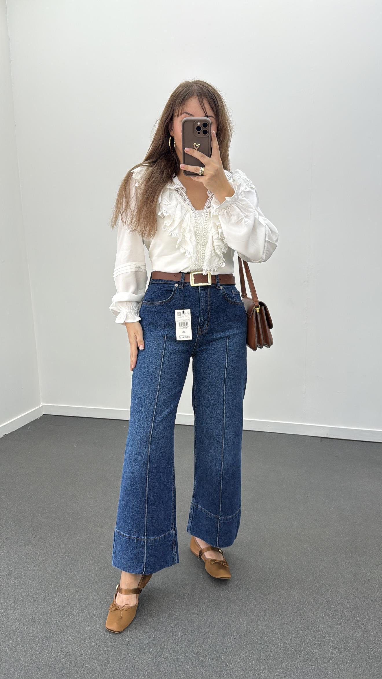 Paris Orta Kot Nervür Dikişli Wide Leg Crop Jeans