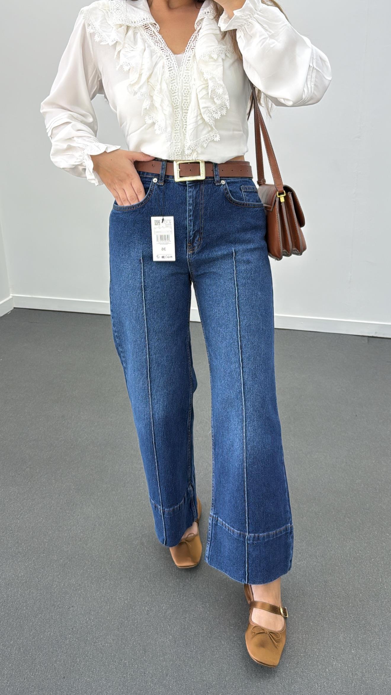Paris Orta Kot Nervür Dikişli Wide Leg Crop Jeans