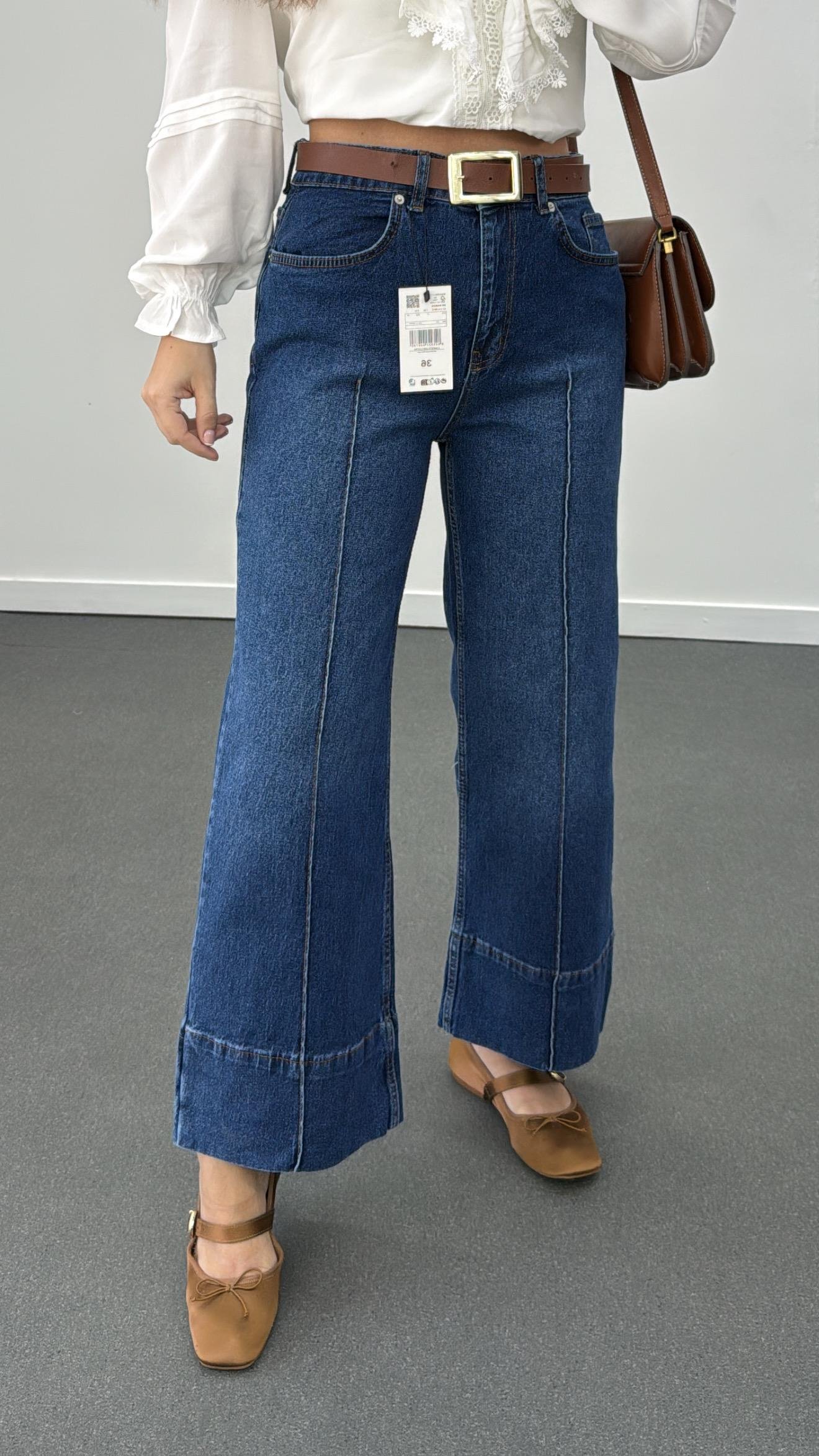 Paris Orta Kot Nervür Dikişli Wide Leg Crop Jeans