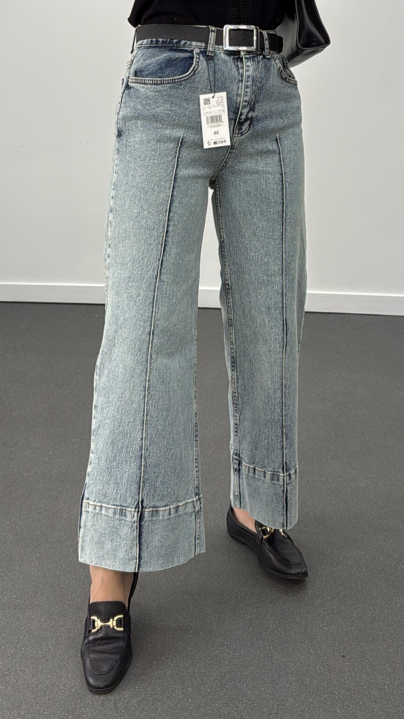 Paris Tint Yıkamalı Nervür Dikişli Wide Leg Crop Jeans