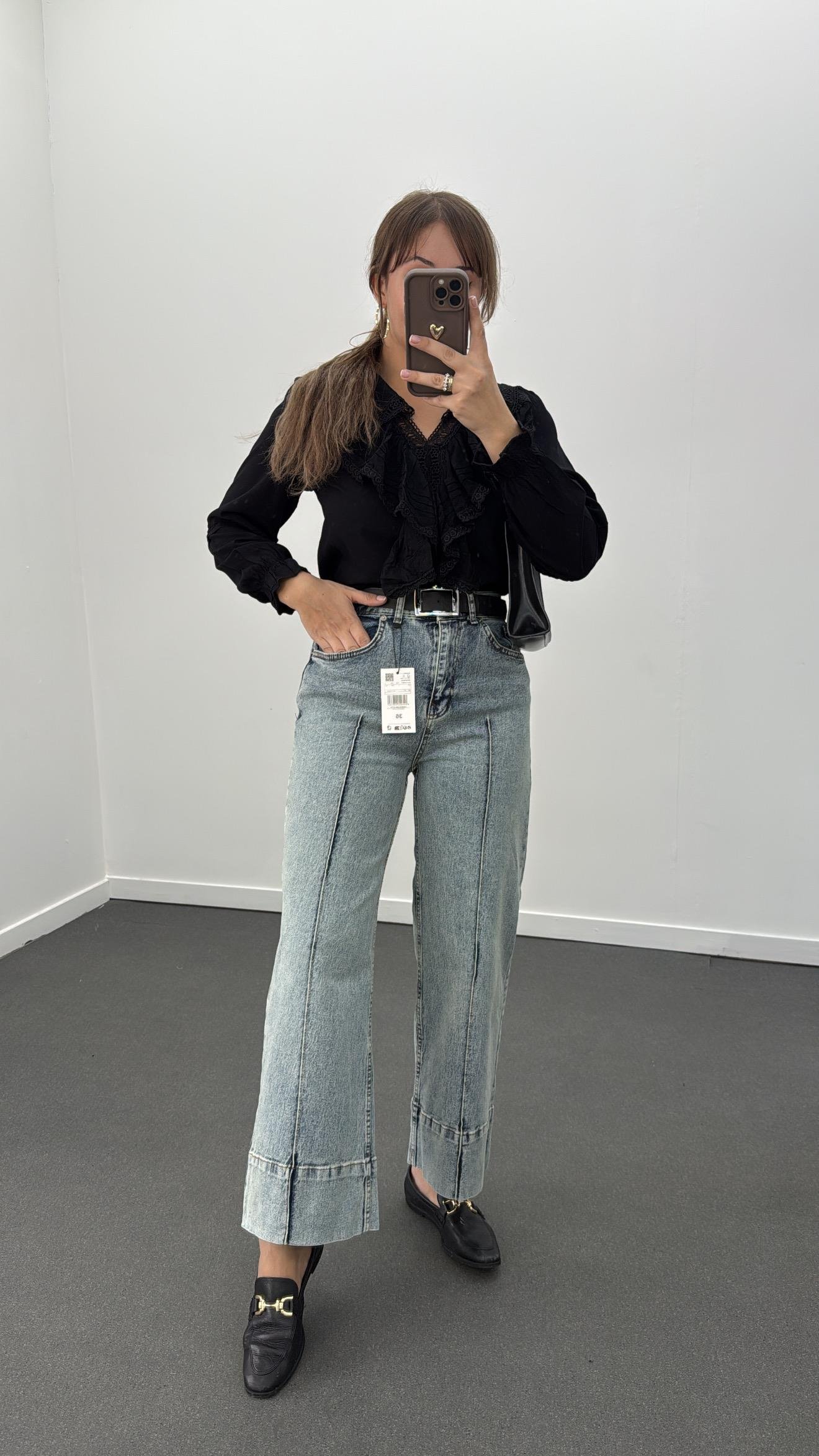 Paris Tint Yıkamalı Nervür Dikişli Wide Leg Crop Jeans